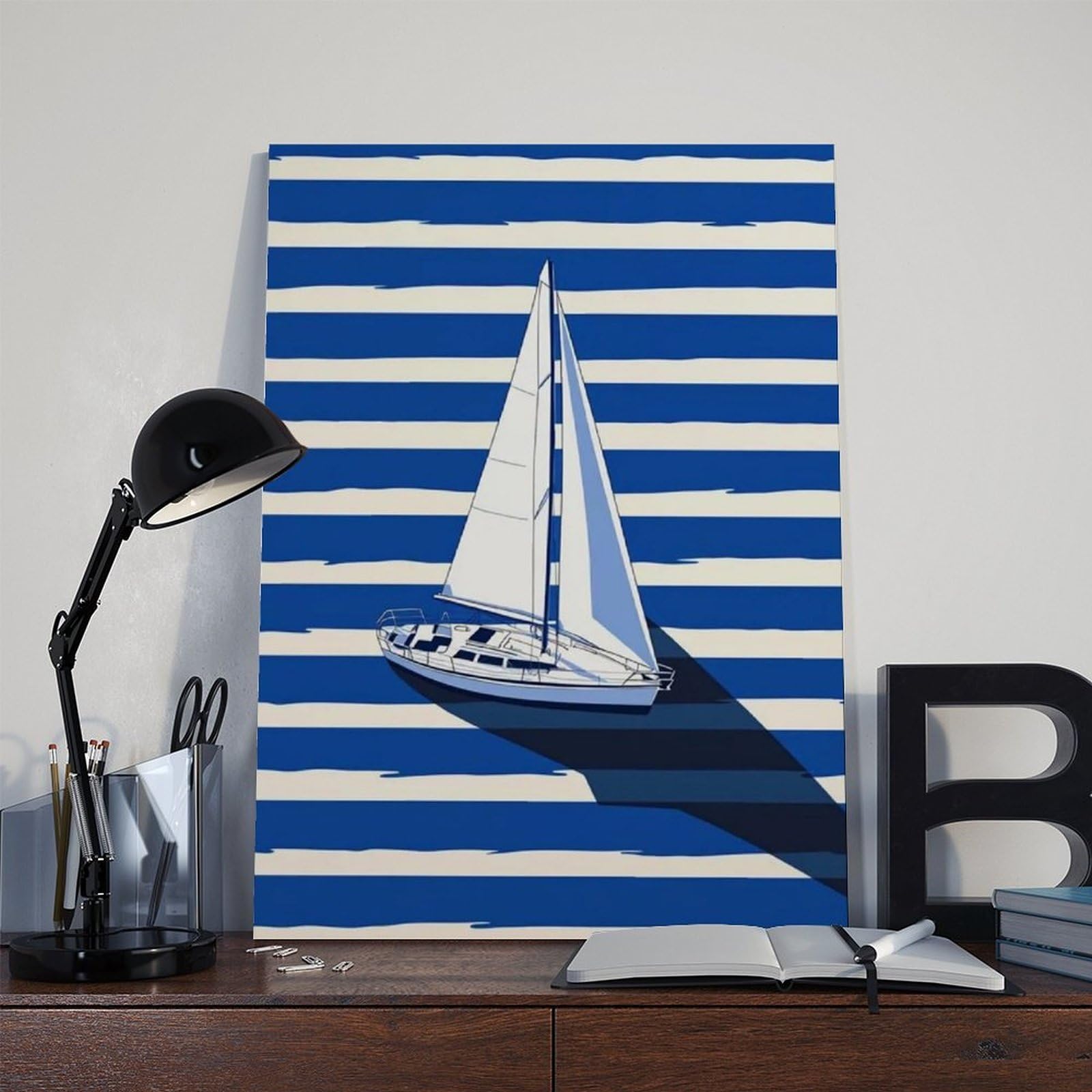 Minimalistisches nautisches Segelboot, Segelboot, blauer Ozean, Dekoration, Leinwandposter, Wandkunst, Druck, Bild, Gemälde für Wohnzimmer, Schlafzimmer, Dekoration, 50,8 x 76,2 cm (L x B)