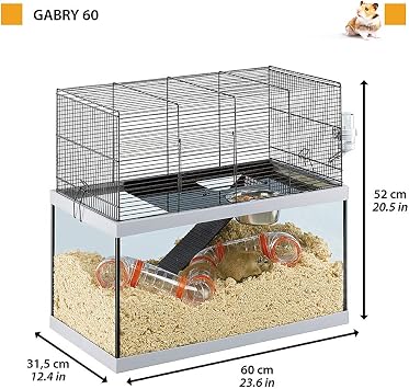 Ferplast Rodent Cage GABRY 60 for Gerbils, Hamsters, in Metal and Glass, Accessories included: Bowl, Drinking bottle, Shelf, Ladder, Pipe set. 60x31,5xh52cm
