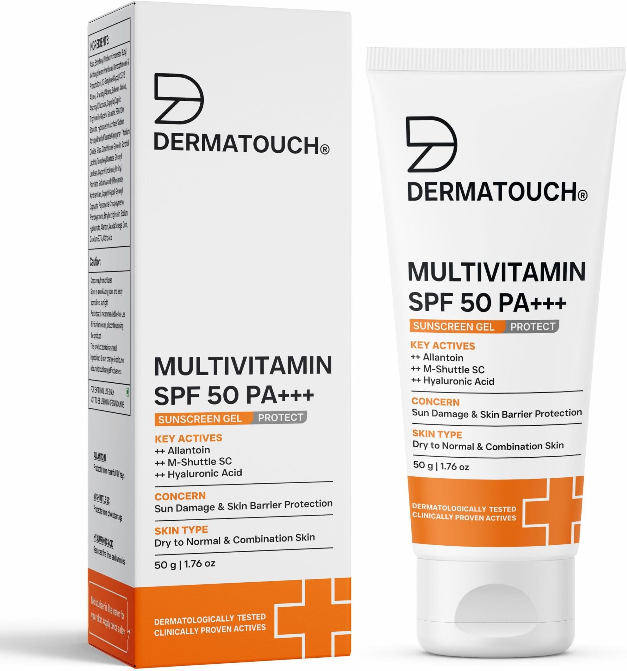 DERMATOUCH Multivitamin SPF 50 PA+++ Sunscreen Gel | UVA-UVB Protection | Zero White Cast | Unisex | 50g