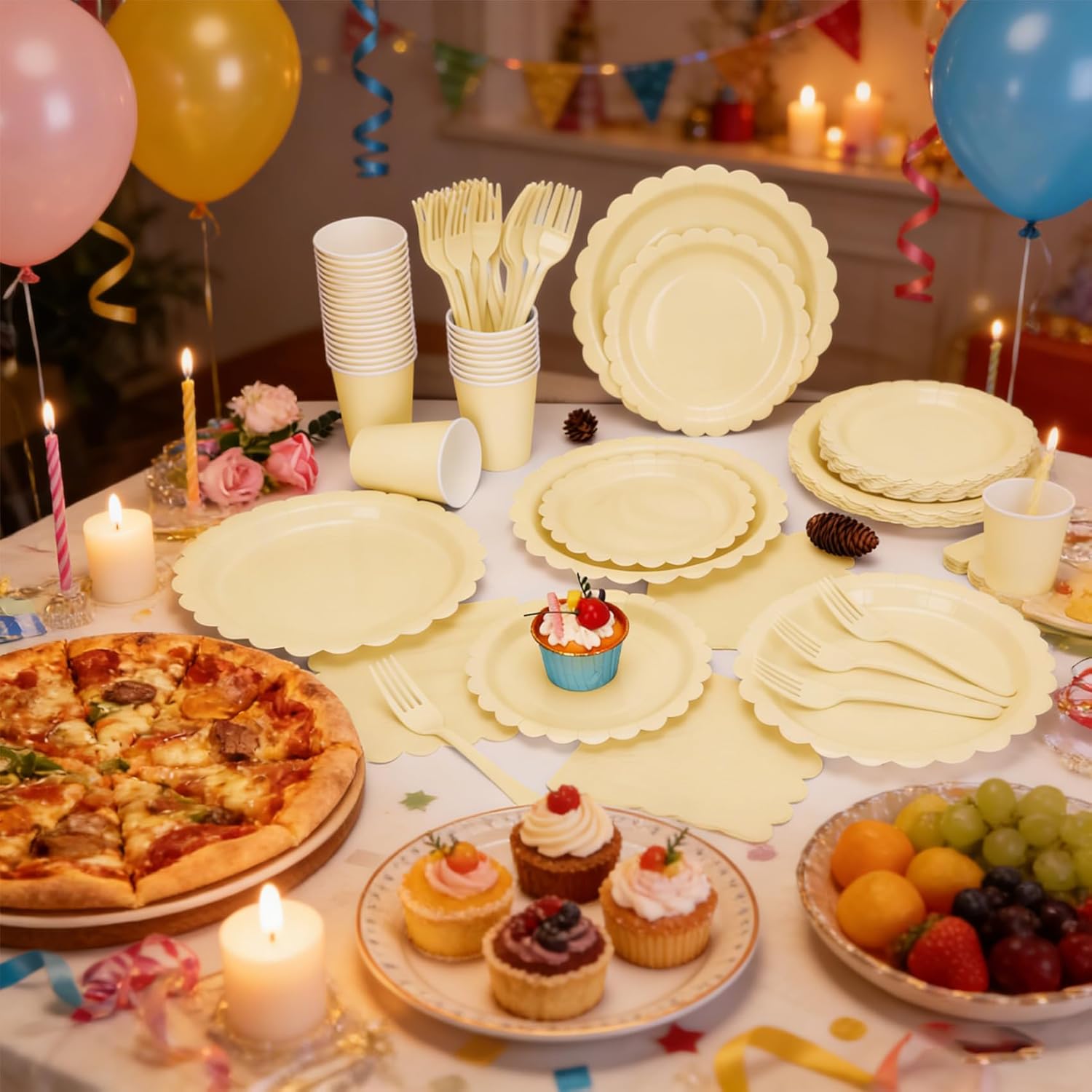 200Pcs Ivory Paper Plates and Napkins, 9’’and 7’’ Disposable Scalloped Cream Party Plates Cups Napkins Forks Set Party Supplies for Baby Shower Bridal Shower Birthday Party Decorations, Serves 40