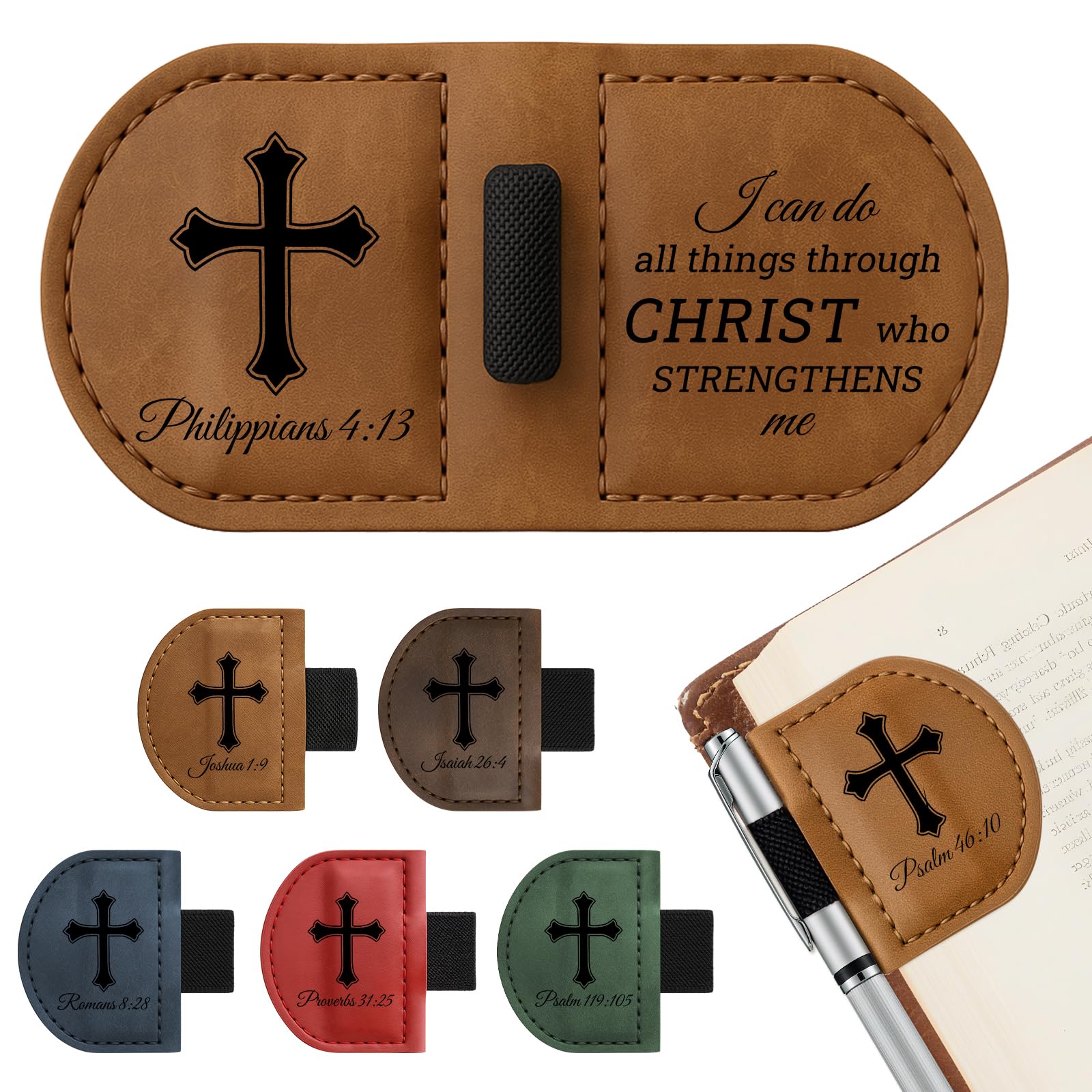 Bygone Mark Magnetic Personalized Leather Bookmark with Pen Holder - Engraved Scripture Detail, Inspirational Reading Accessory and Gift for Christian Book Lovers(Brown-Philippians 4:13)