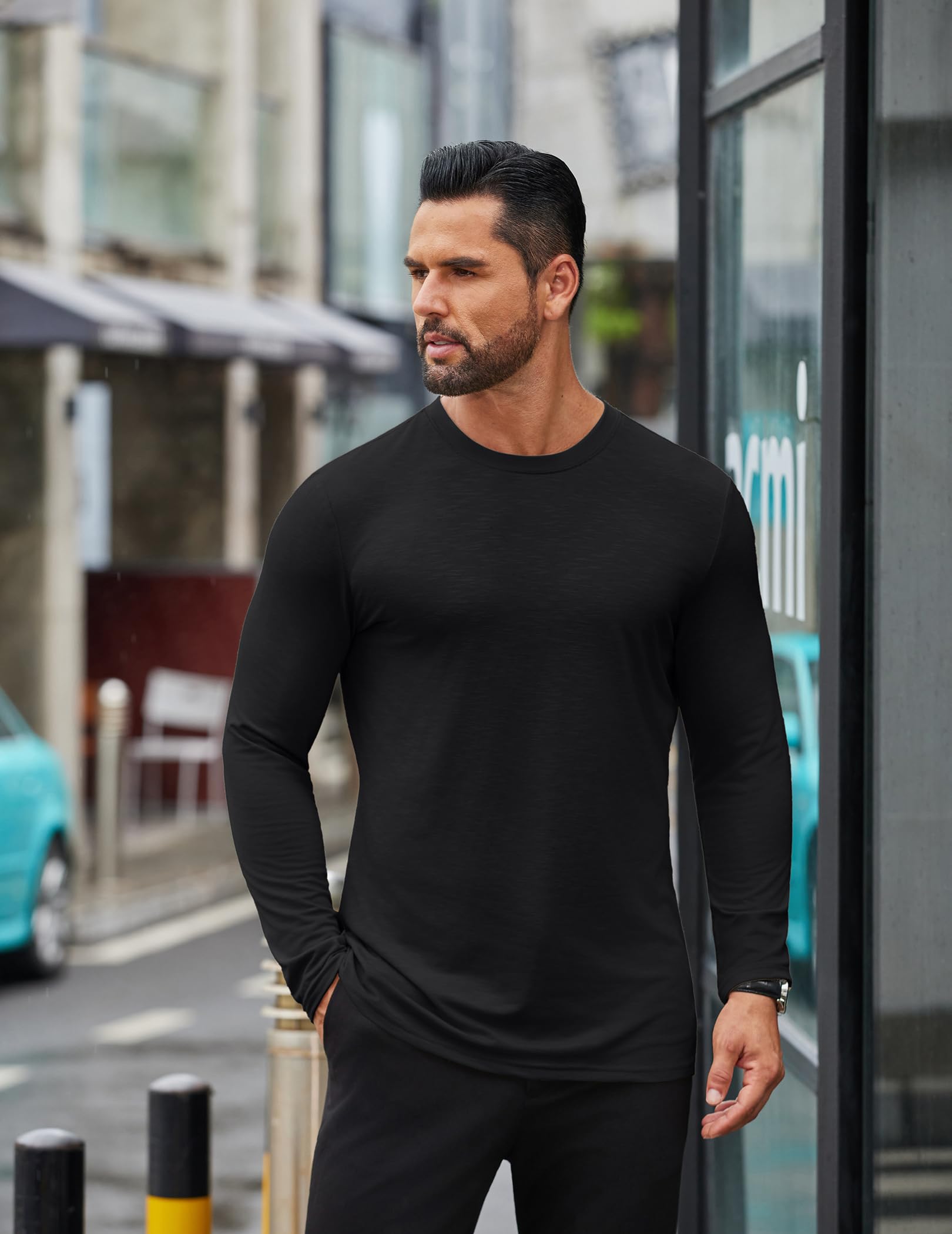 COOFANDY Męskie koszulki z długim rękawem z golfem slim fit basic t-shirt lekki prążkowany sweter