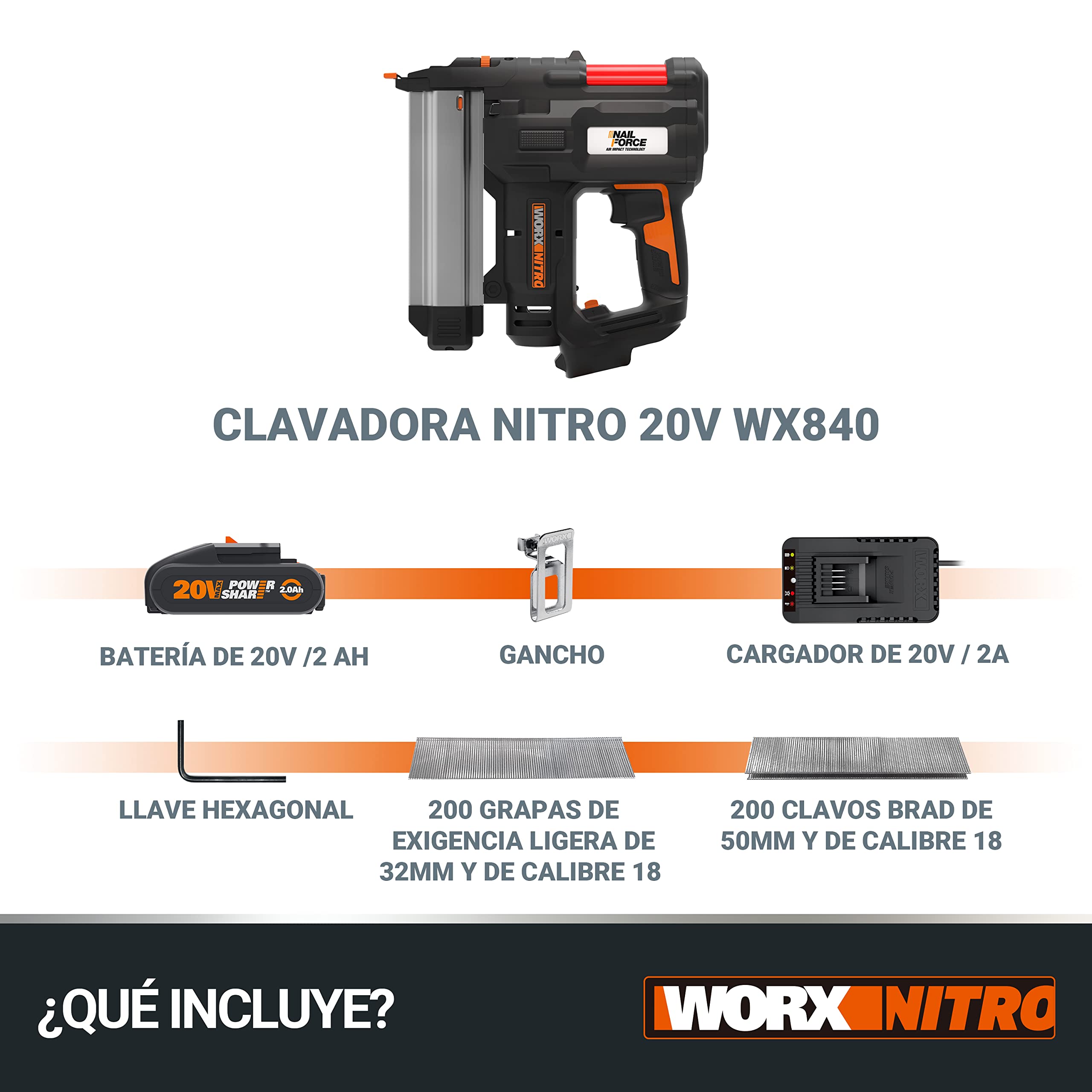 WORX, Grapadora Clavadora 20 V 2,0 Ah (1 bat), Multicolor, wx 840