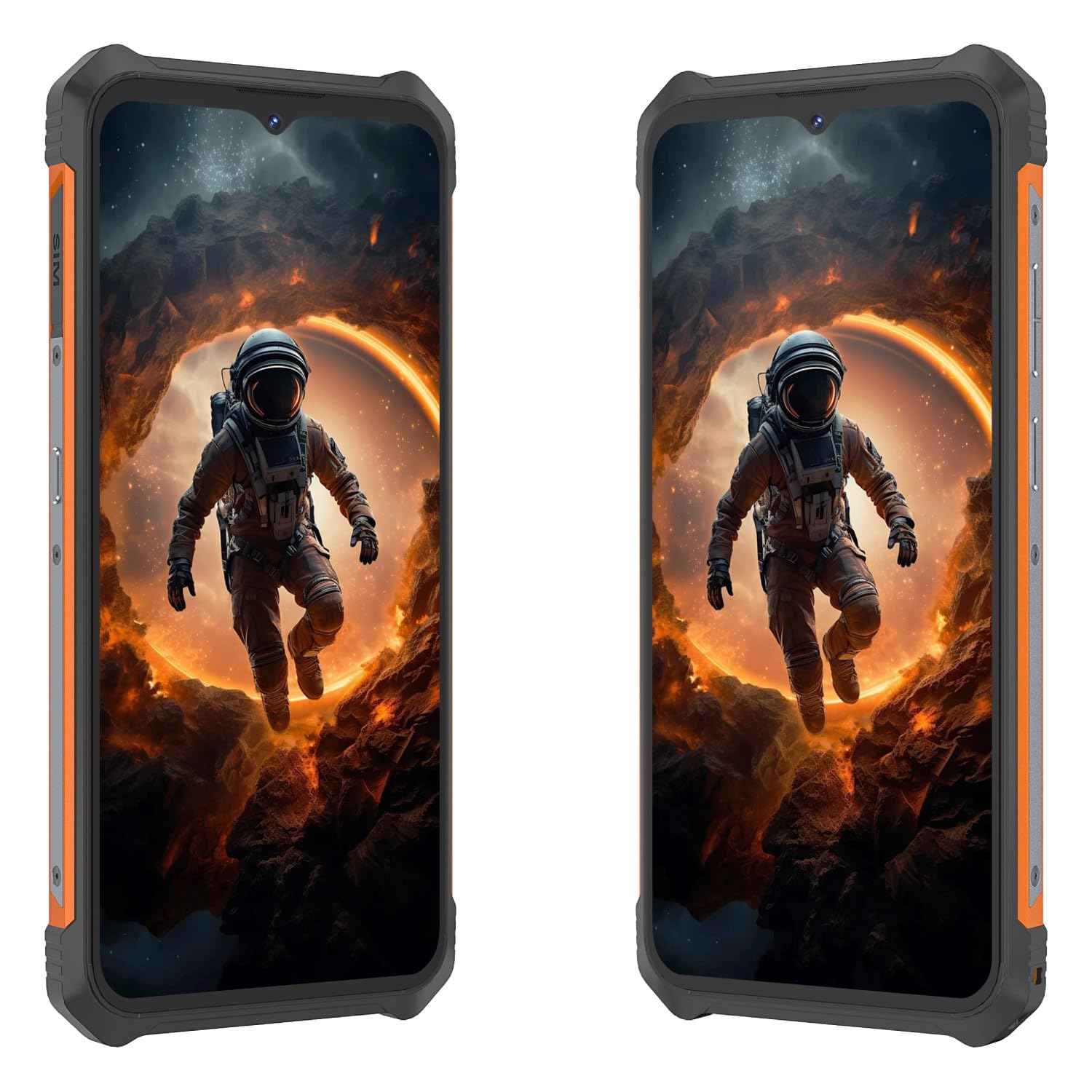 KingKong ES – 6,56-Zoll-HD+-Smartphone, 16 GB (6 GB + 10 GB) RAM i 128 GB ROM, 48-MP Dreifachkamera, 5100-mAh-Akku, Android 14, procesor OctaCore, Kolor Czarny + Pomarańczowy