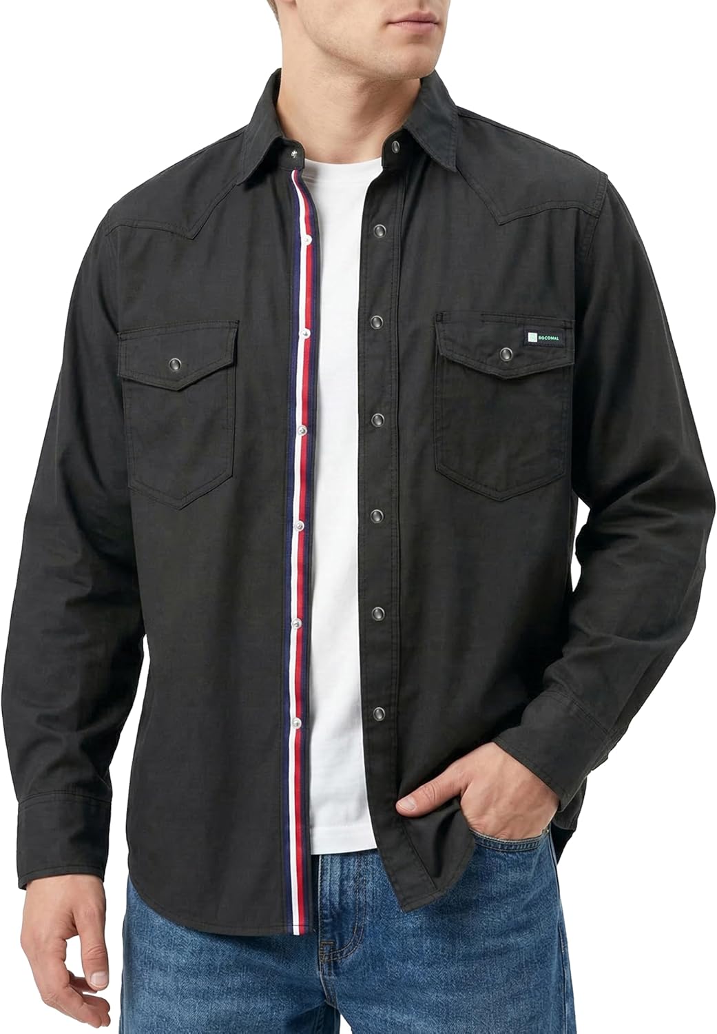 BOCOMAL Non FR - Men's Work Shirts Pearl Snap Down Long Sleeve Relaxed Fit - Lightweight 100% C Chambray, EX-Soft