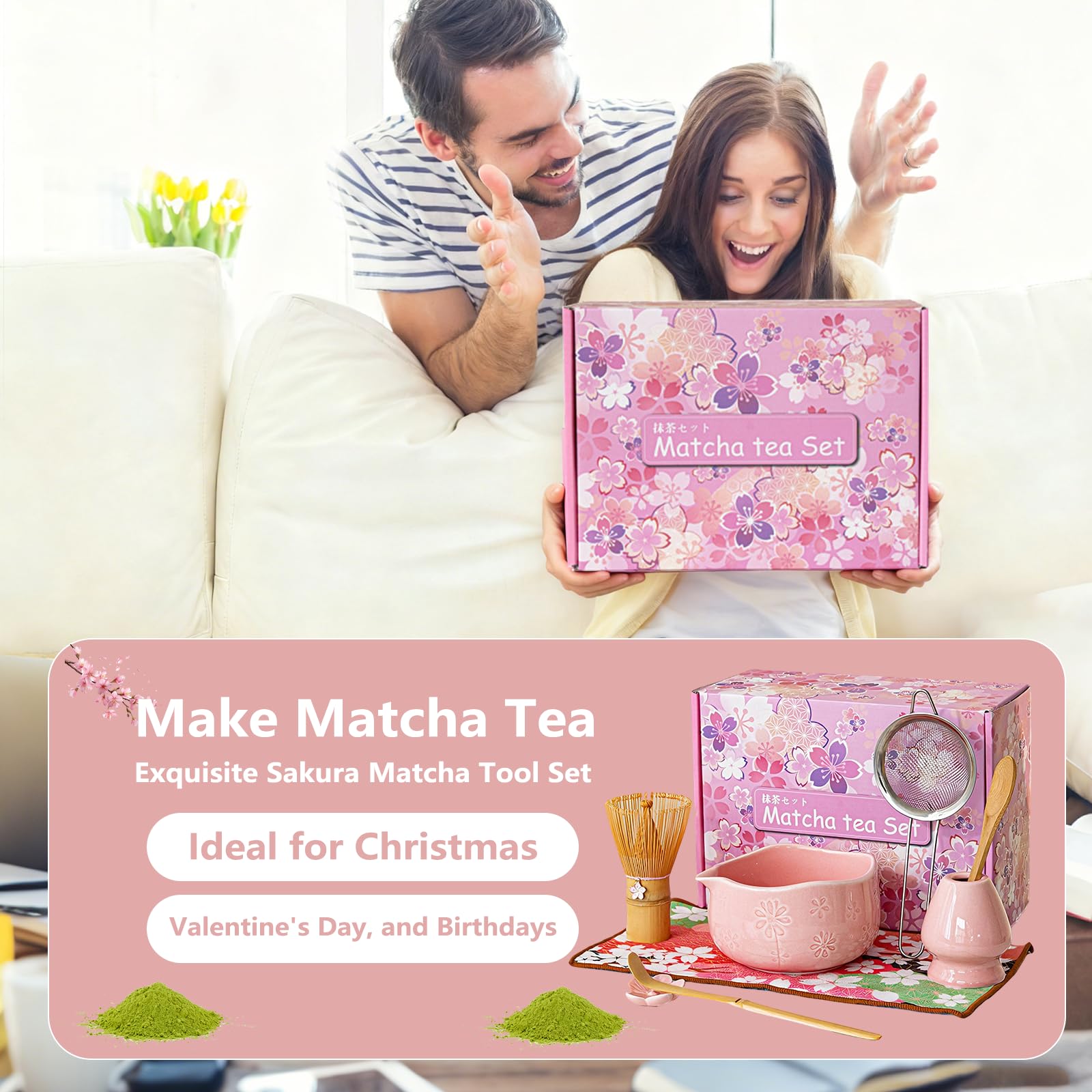 Matcha Set di 8 pezzi Macha Tea con scopa, filtro filtro, ciotola, cucchiaio, tappetino per asciugamano da tè, set regalo per la preparazione tradizionale matcha (verde) (rosa)