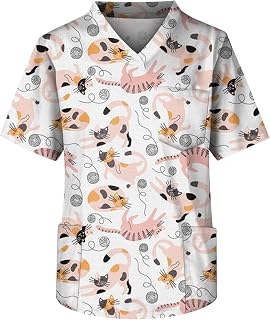 Aryapyper Mens Scrub Tops Cute Animal Print Short Sleeve V-Neck Plus Size Nurse Uniform with Big Pocket S-5XL
