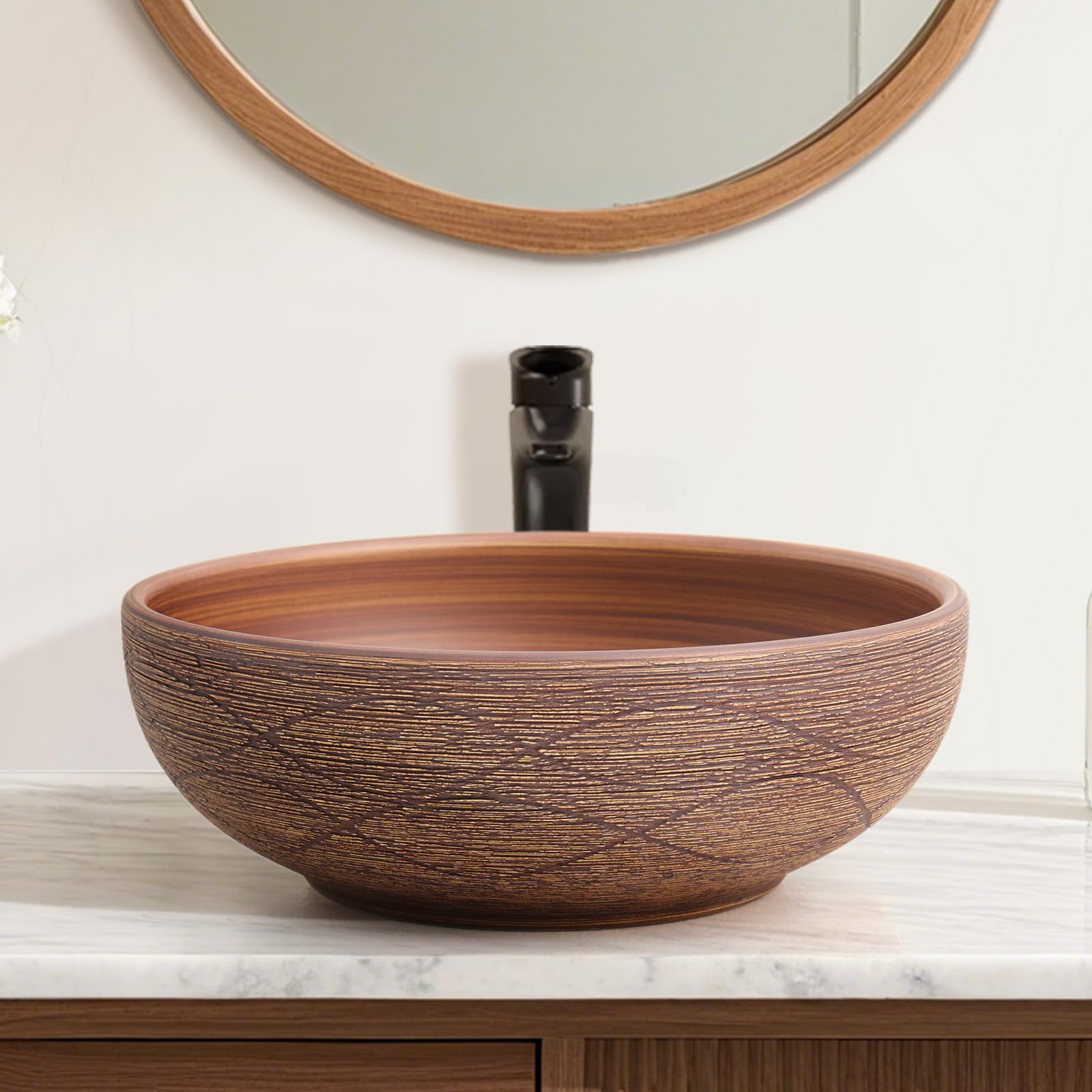 Homary Vasque à Poser Salle de Bain Rond 40 cm, Lavabo Salle de Bain en Céramique Rétro, Vasque à Poser Salle de Bain Élégante, Facile à Installer, Rond