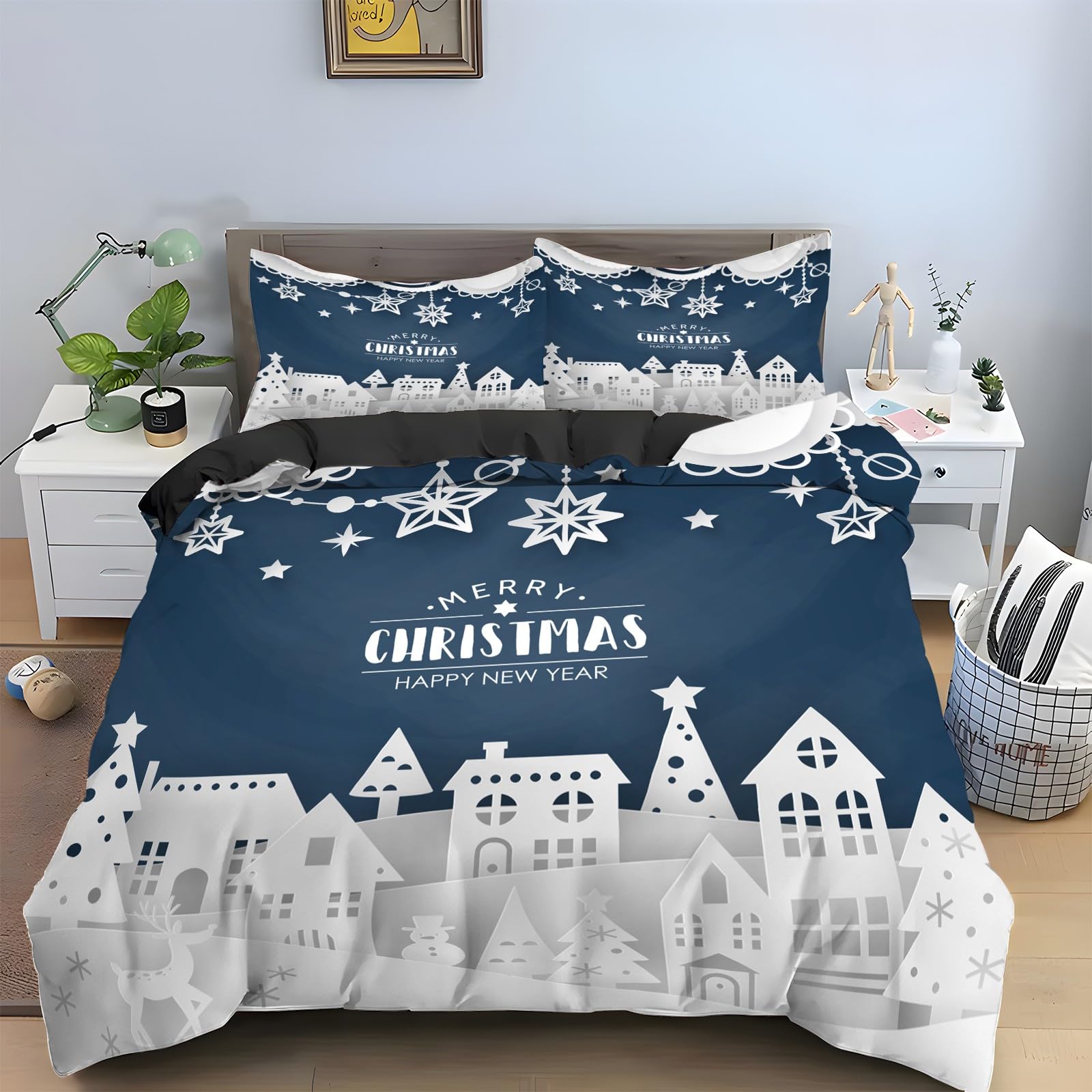 Housse de couette 200x200 Noël château en microfibres douces haute densité