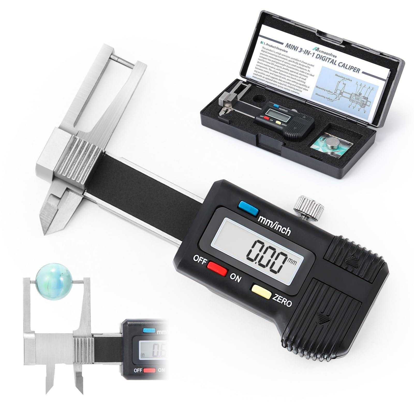 Digitaler Messschieber, 3-in-1 Mini-Messschieber, 0-25 mm, Präzisions-Messwerkzeug aus Edelstahl mit LCD-Display, Einheitenumrechnung, Aufbewahrungskoffer, Zusatzakku