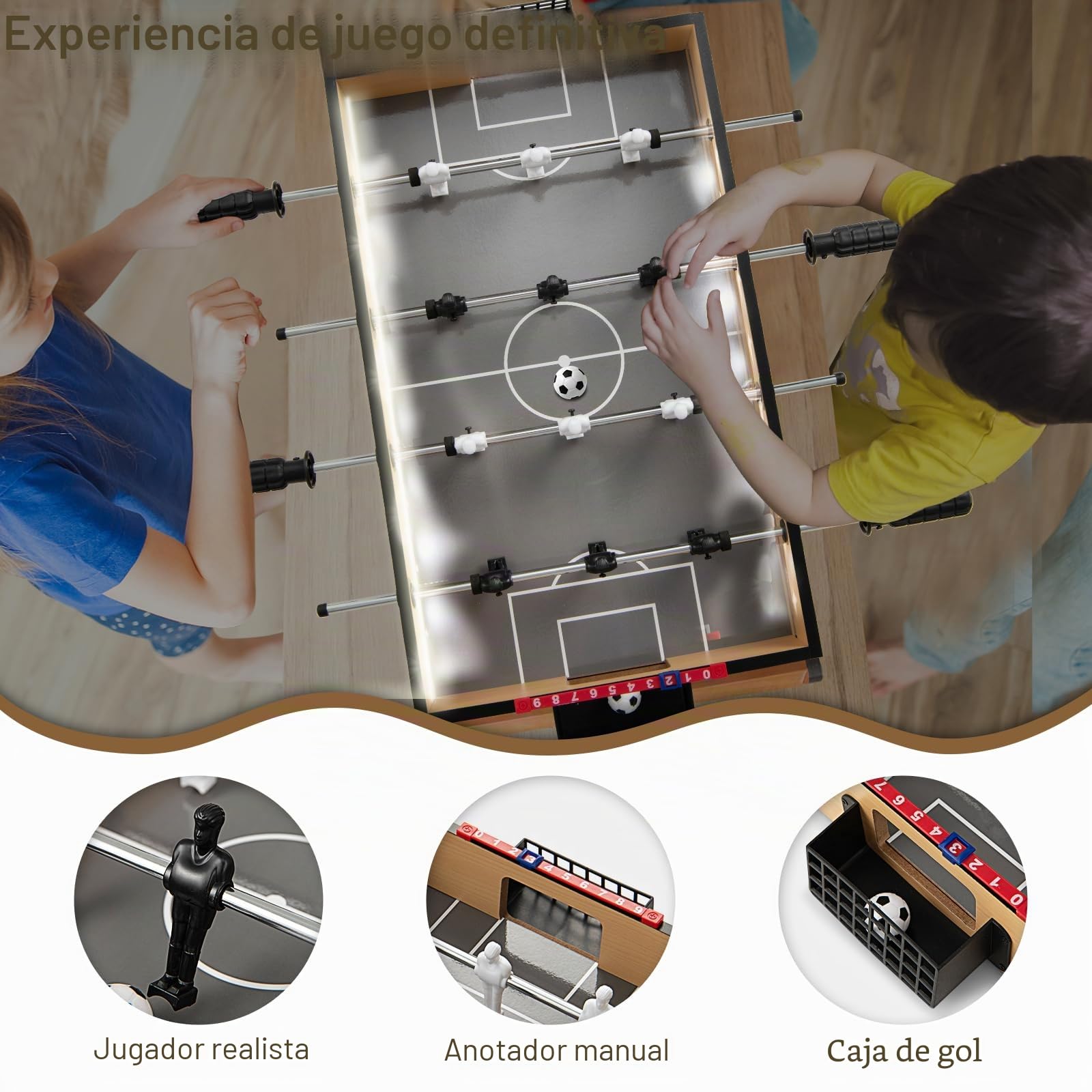 HOMASIS Futbolín de Mesa con Luces LED, Mini futbolín Infantil con 2 Pelotas, Futbolín para niños a Partir de 3 años, Juego de fútbol de Mesa para Fiesta, Bar, 59 x 51 x 8 cm, Natural