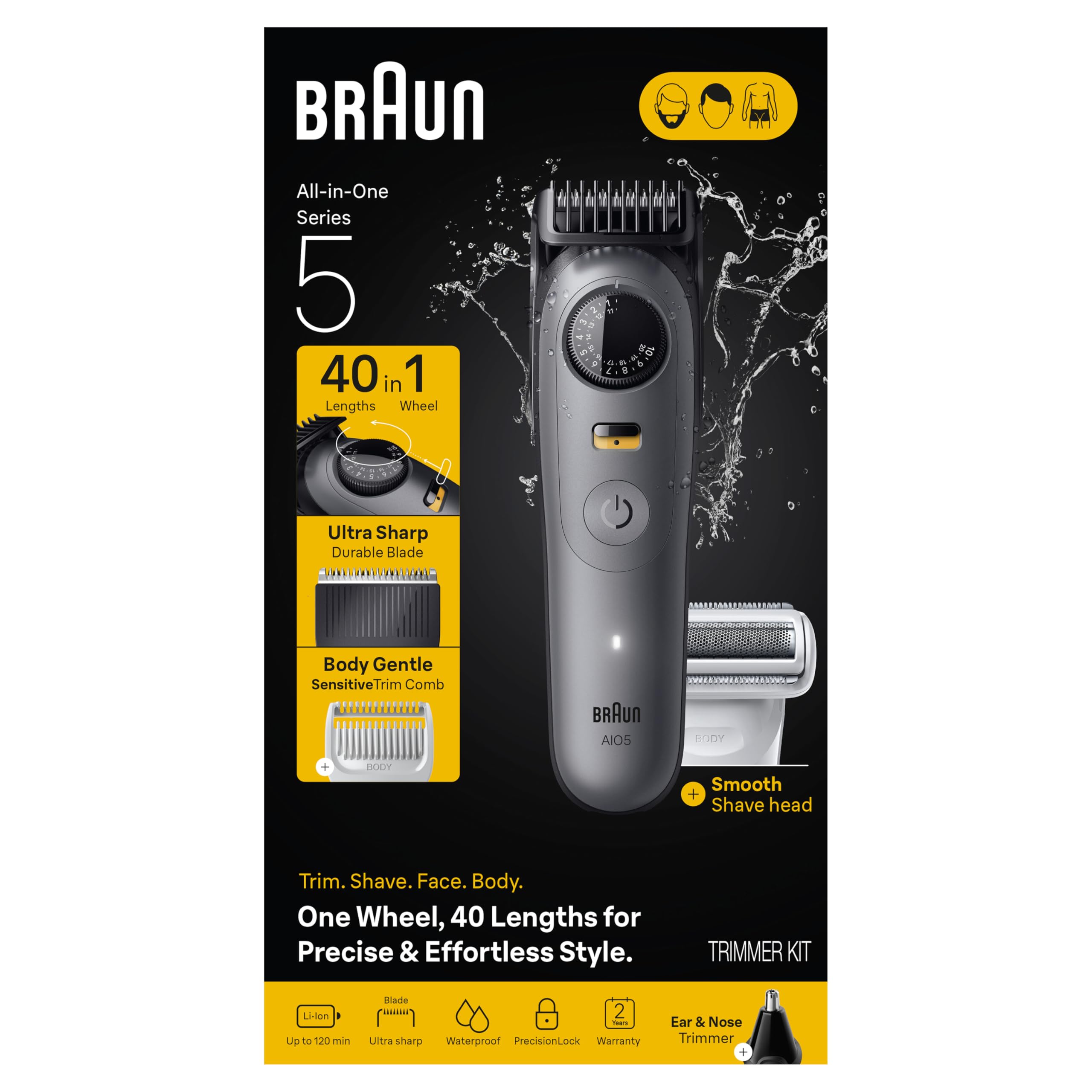 Braun Series 5 All-in-One Beard & Body Grooming Kit for Men, Cordless Trimmer, Hair Clippers & Shaver for Face, Hair & Body with Smooth Shave Head, AIO 5510