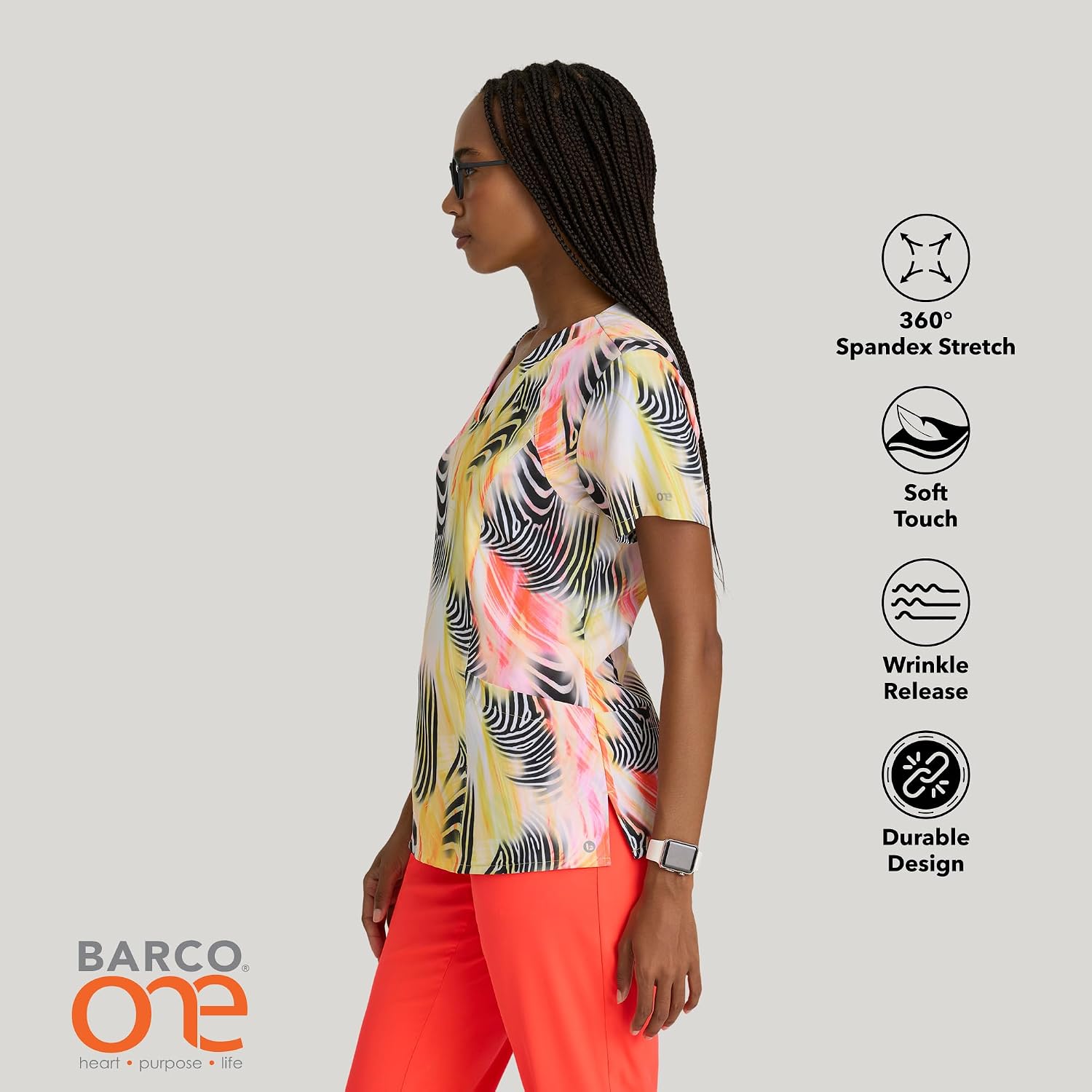 BARCO One Printed Scrub Top for Women – 4-Pocket, Moisture-Wicking V-Neck Shirt with 360 Spandex Stretch