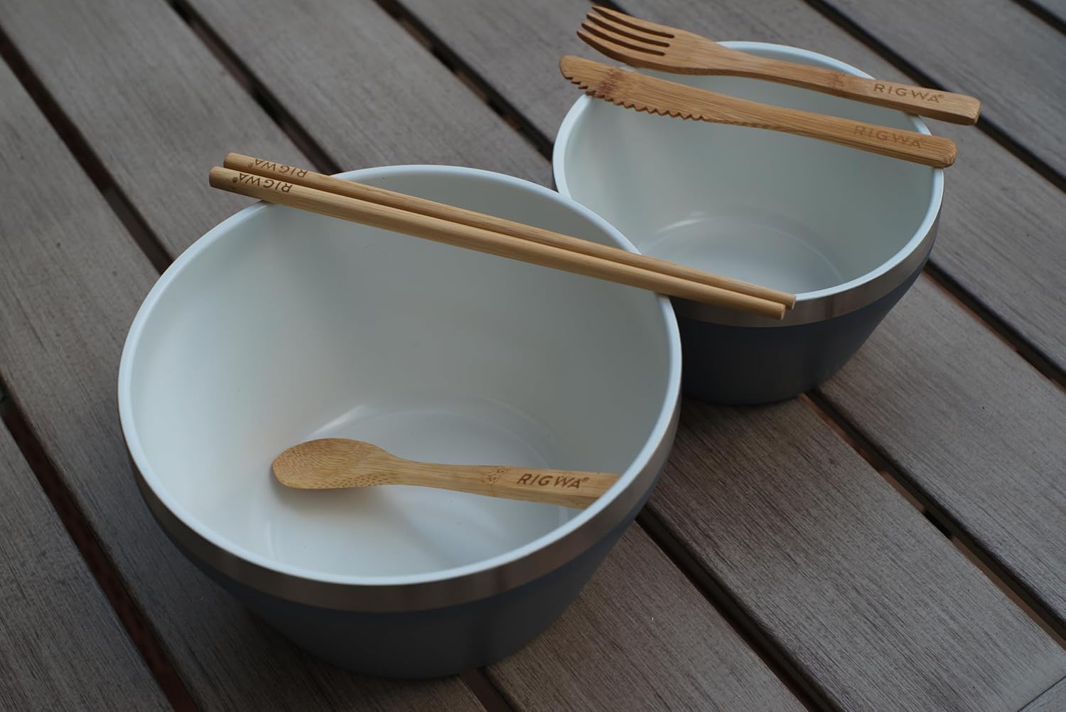 RIGWA FRESH BOWL SET - SNOWBIRD - Ceramic Coated Stainless Steel Insulated Bowl Set - 40 oz and 20 oz Vacuum Sealed Food Bowls with Lids - Complementary Bamboo Utensil Set - Non-Toxic & BPA Free