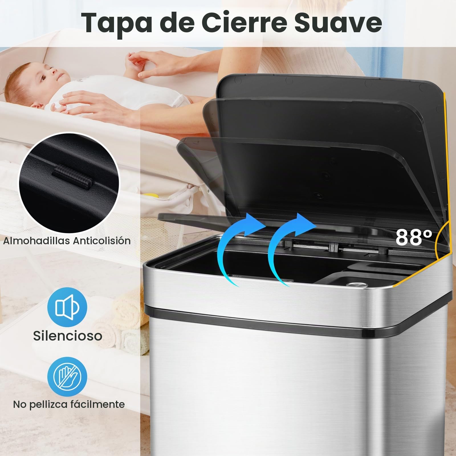 GIANTEX Cubo de Basura de Acero Inoxidable de 72 L, Bote de Basura con Sensor de Movimiento con Tapa de Cierre Suave, Cubos Interior Extraíbles, Clasificación de Basuras, para Cocina