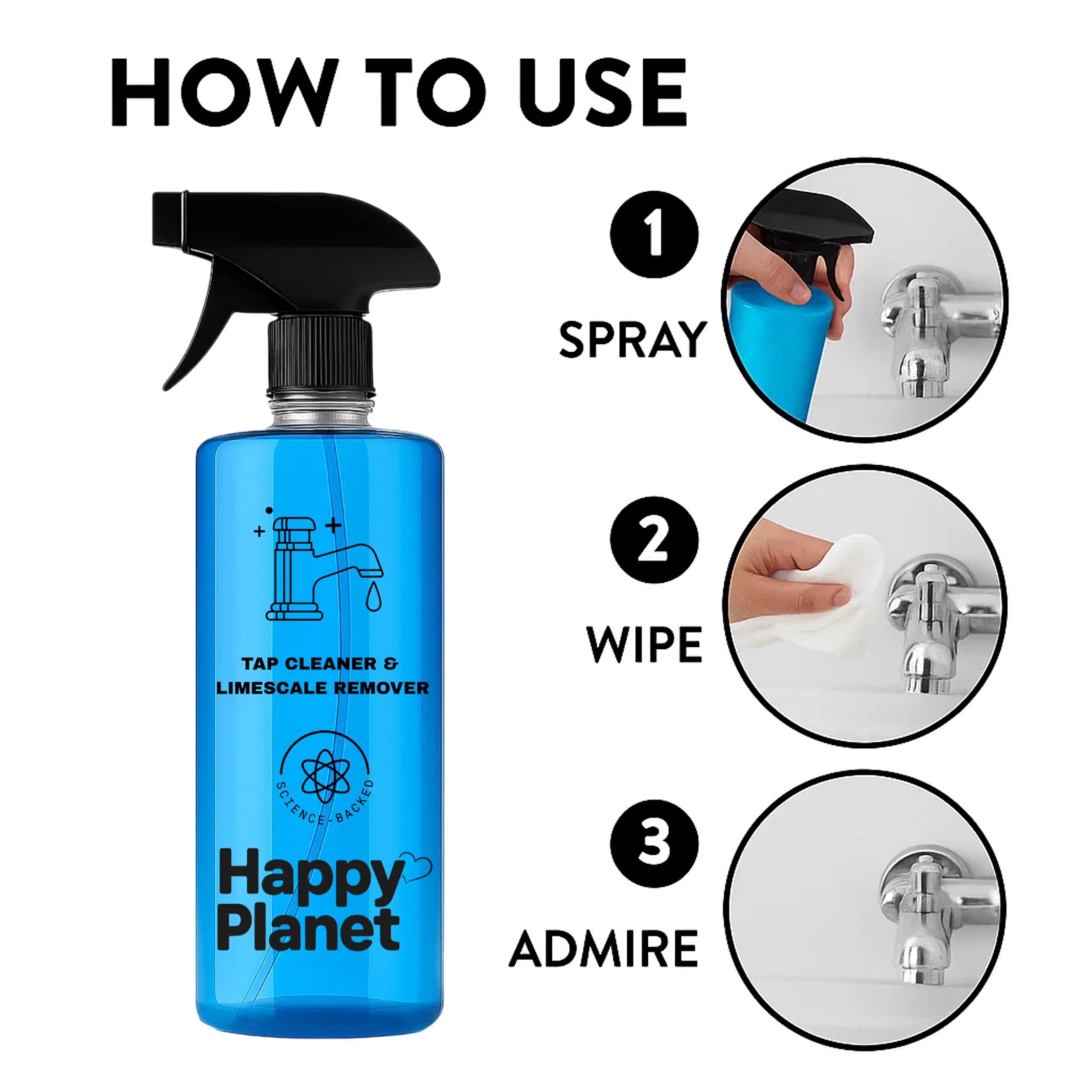 Happy Planet Kitchen & Bathroom Cleaning Combo | Tap Cleaner & Limescale Remover + All-in-One Kitchen Cleaner | Powerful Grease & Stain Removal | Trigger Spray Bottles (500ML+500ML) - Image 3 thumbnail