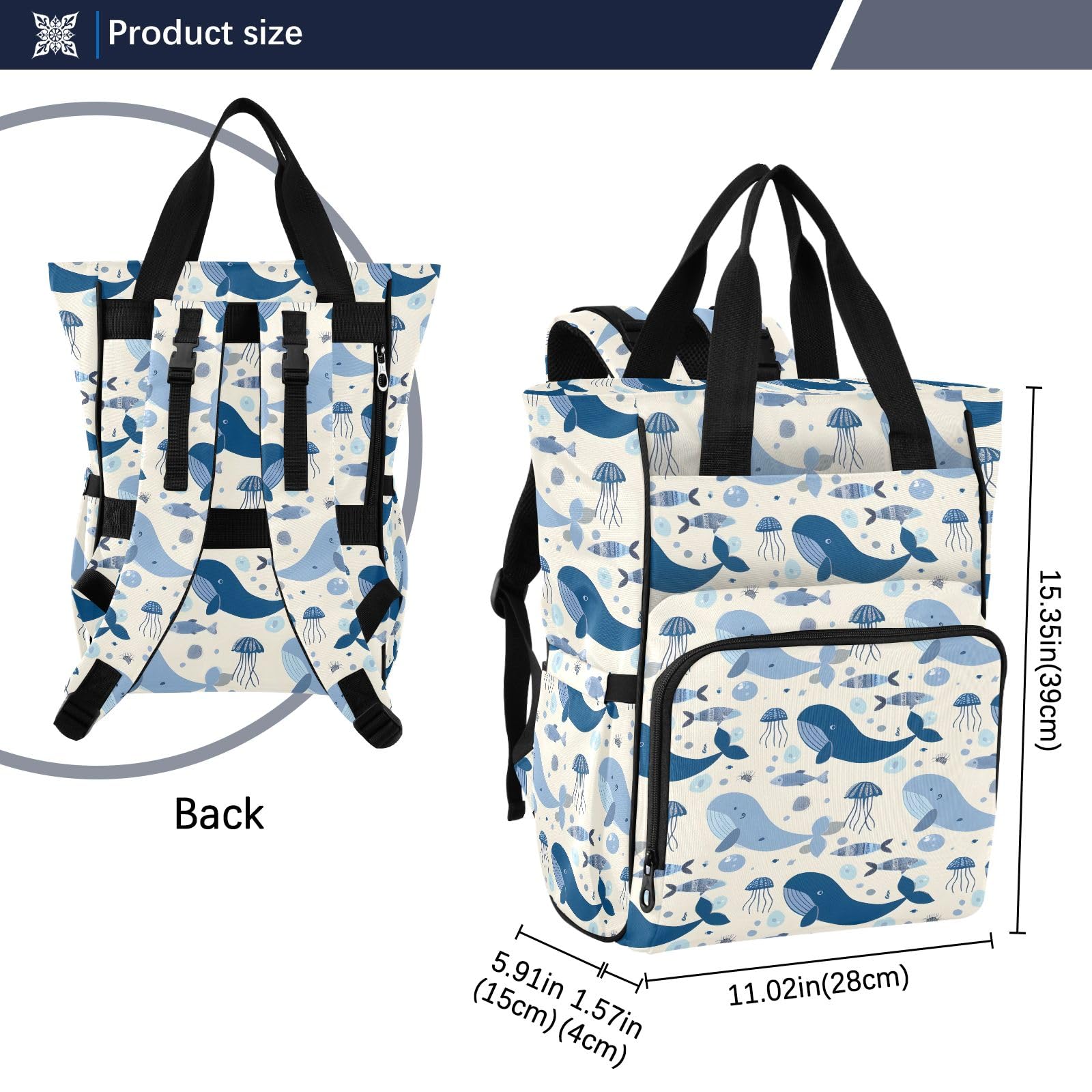 Mnsruu Modello astratto marittimo senza cuciture con balene e meduse borsa per pannolini per bambini zaino grande borsa impermeabile borse per pannolini da viaggio per mamme e papà