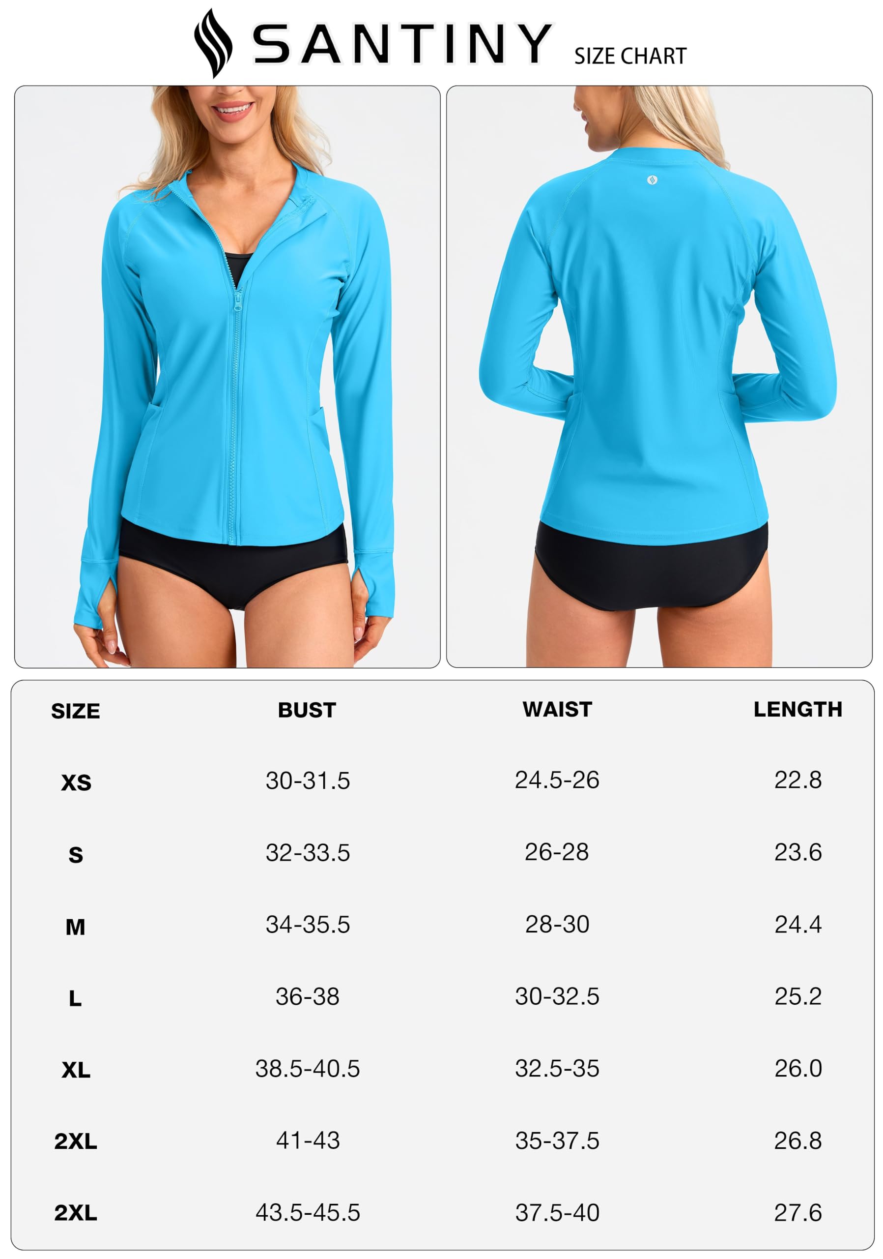 SANTINY Maillot de bain à manches longues avec poches et fermeture éclair sur le devant pour femme Protection UV UPF 50+ SPF