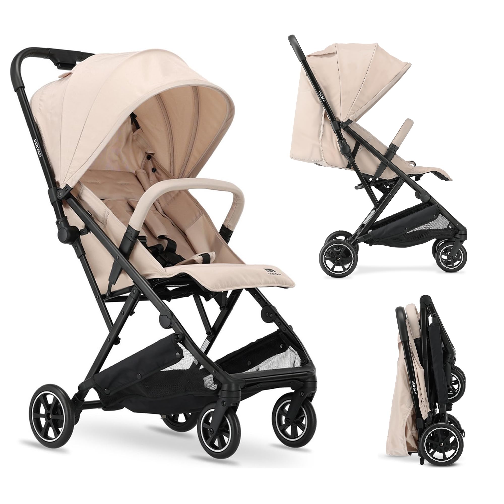 Deryan Easy2 Reisebuggy - Reise Buggy für Kinder ab Geburt bis 22 kg (0-4 jahr), mit 3 Liegepositionen, Leicht 7 kg & Kompakt, Klein Zusammenklappbar, UPF 50+, Schultergurt, Korb bis 4 kg (Taupe)