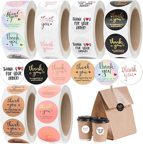 3000 calcomanías de agradecimiento, 6 rollos de calcomanías de agradecimiento de 1 pulgada para pequeñas empresas con 6 diseños, suministros para