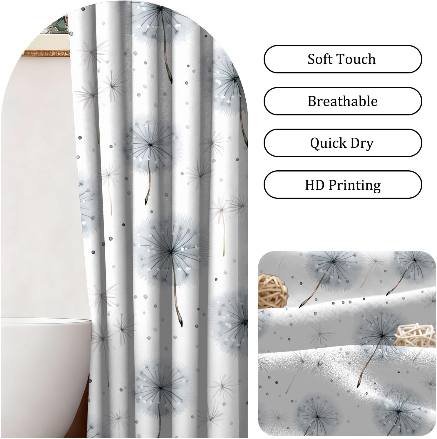 Rustic Dandelion Floral Shower Curtain Watercolor Blue Gray Wild Flowers Bathroom Curtain Bathtub Decor Nature Botanical Plants Waterproof Fabric Shower Curtains Set with Hooks,72x72inch