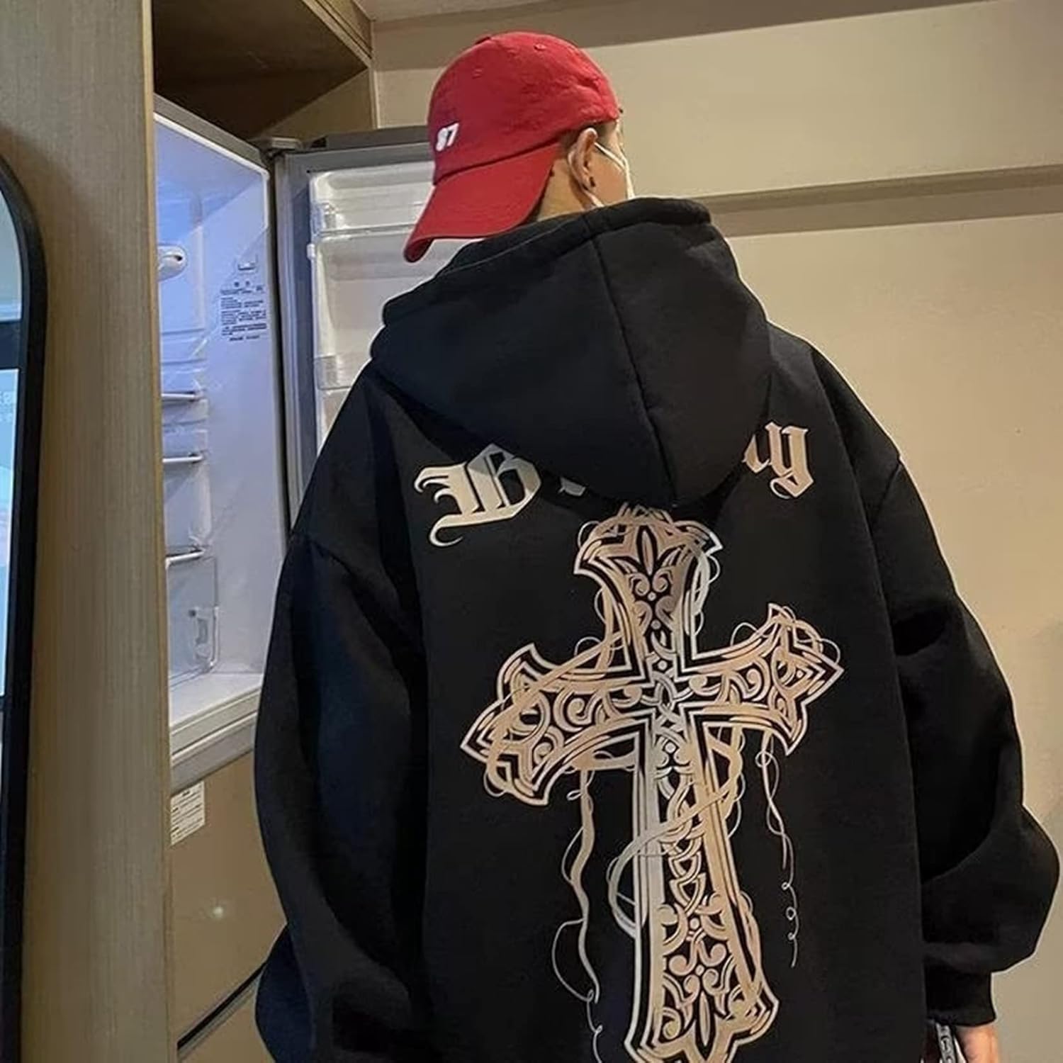 [Vihana] プルオーバー 春秋 メンズ パーカー 裏起毛 フード付き バックプリント ポケット付き ドロップショルダー ゆった