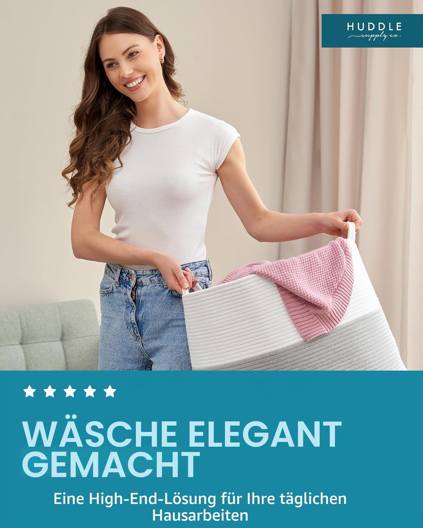 Waschbarer Jumbo-Deckenkorb in Größe 4XL, 125 l, gewebter dekorativer Korb aus Baumwollseil mit Griffen für Wäsche, Wohnzimmer, Babyspielzeug, Kinderzimmer, Aufbewahrung, 61 x 43,2 cm (Grau & Weiß)