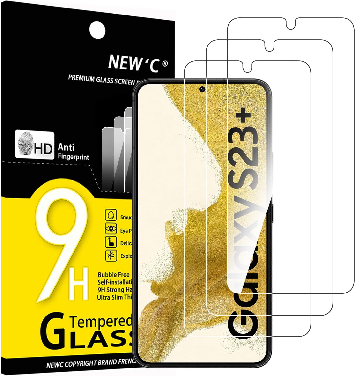 NEW'C 3 Pack Designed for Samsung Galaxy S23 Plus / S23+ Full Screen Protector Tempered Glass, Anti Scratch, Bubble Free, Ultra Resistant