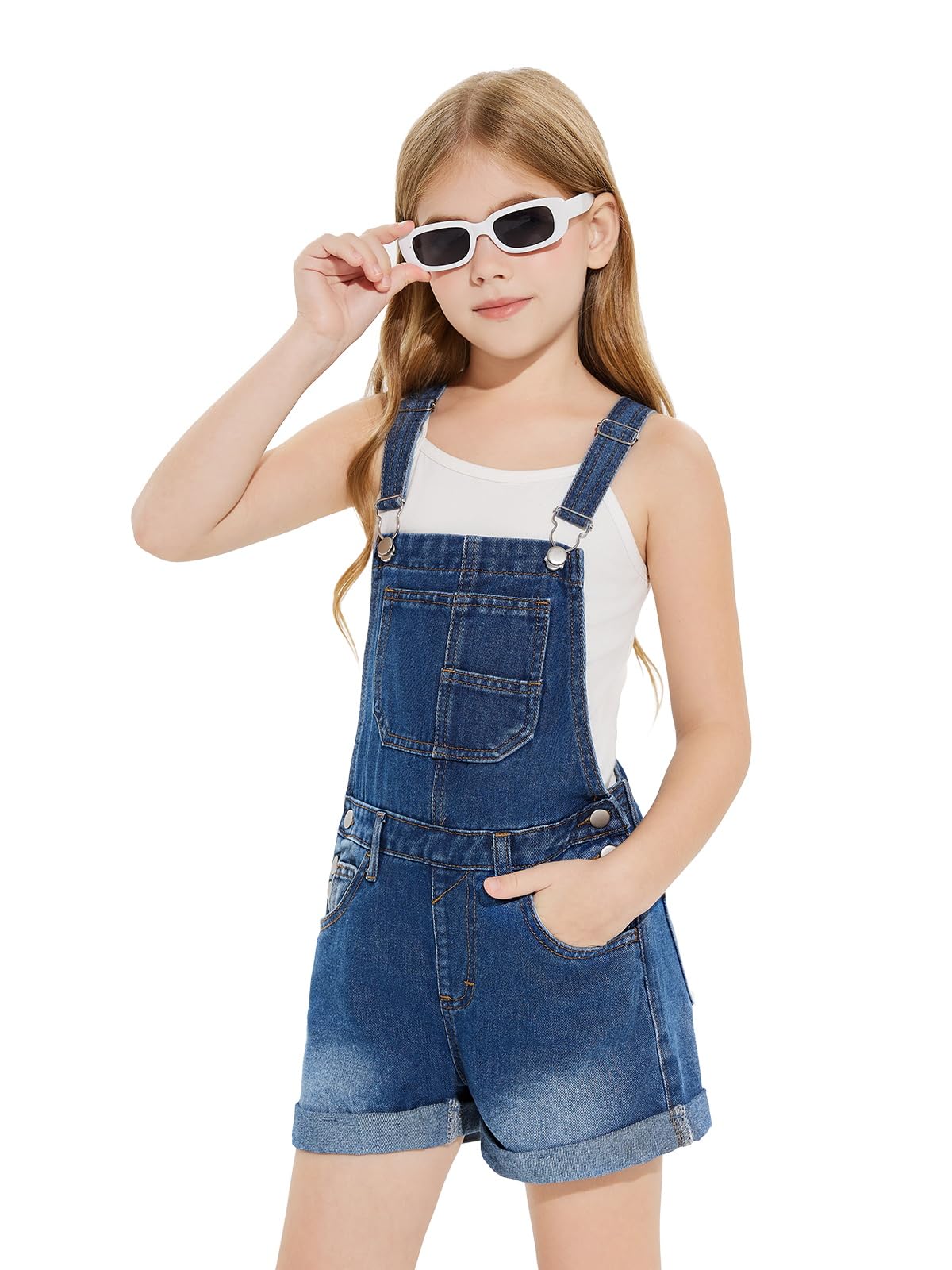 Haloumoning Salopette d'été sans manches en jean pour filles de 5 à 14 ans