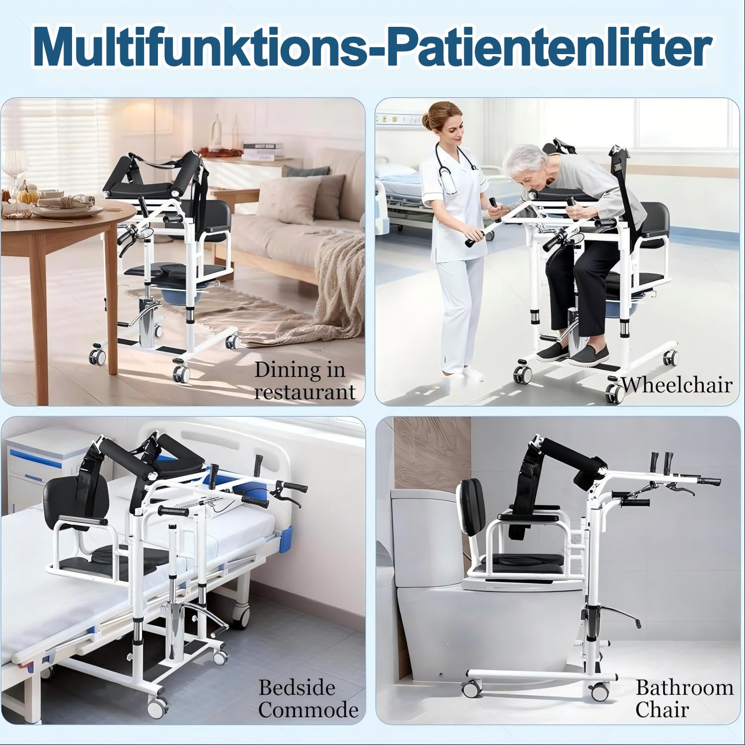 Patientenlifter Transferstuhl, 5-in-1 Hydraulischer Patientenlift-Rollstuhl mit 180° Geteiltem Sitz Tischplatte, Höhenverstellbarer Toiletten- und Duschstuhl für Senioren Zuhause,Blau