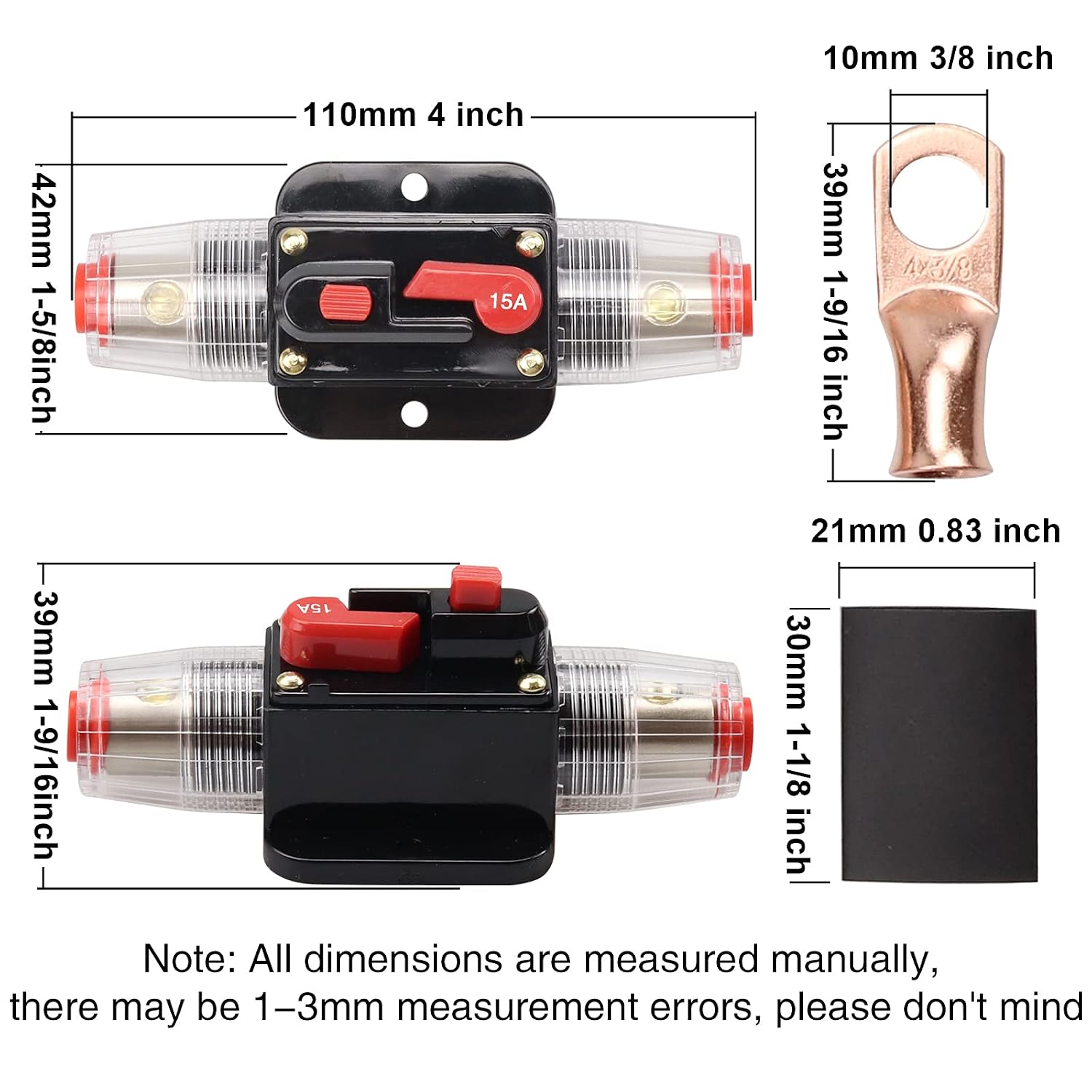 15A 20A 30A 40A 50A 60A 80A 100A 150A Audio Circuit Breaker Inline Fuse Holders Auto Car Stereo Inverter Reset Fuses 12V-24V DC for Automotive RV Marine Boat Audio Solar System 15 Amp 2 Pack