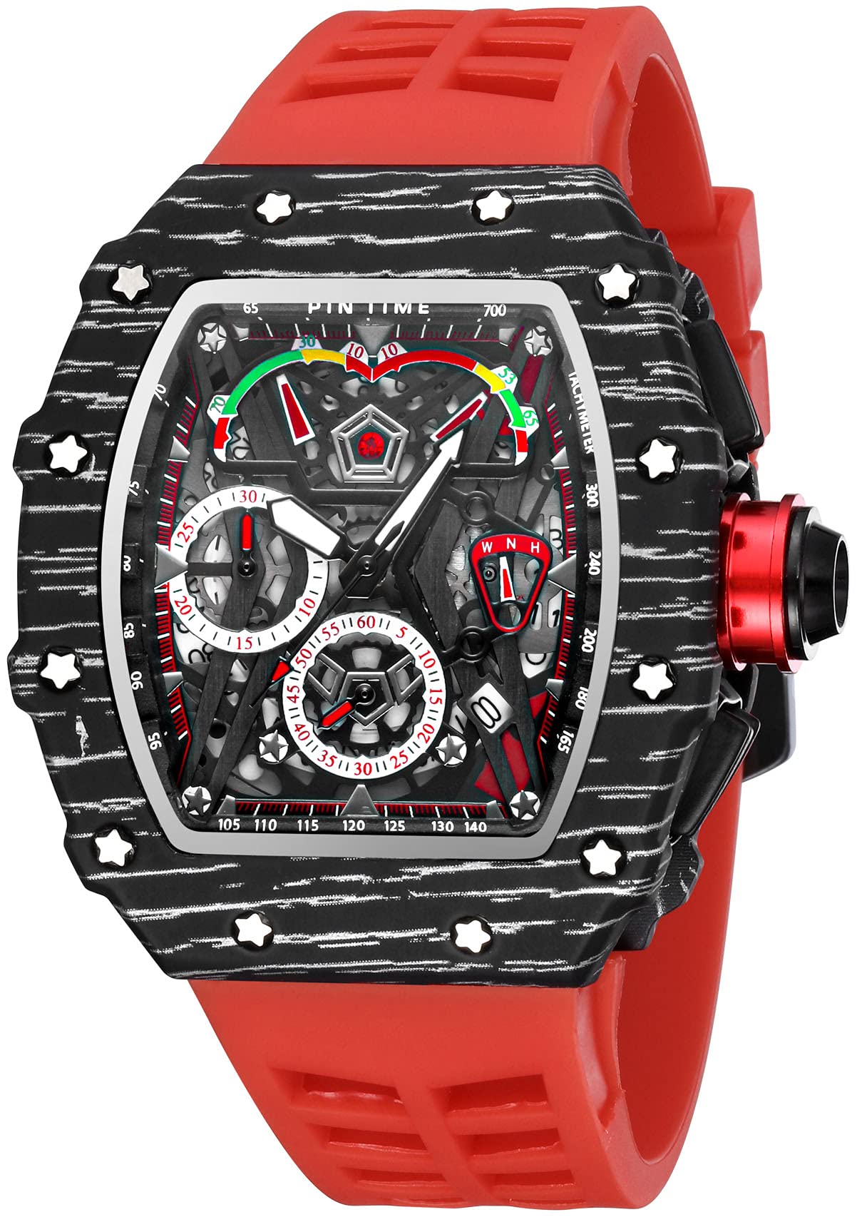 FANMISMens Luxury Tonneau Square Watches Analog Punk Chronograph Unique Sports Wrist Watch Japanese Movement Luminous Design with Rubber Band