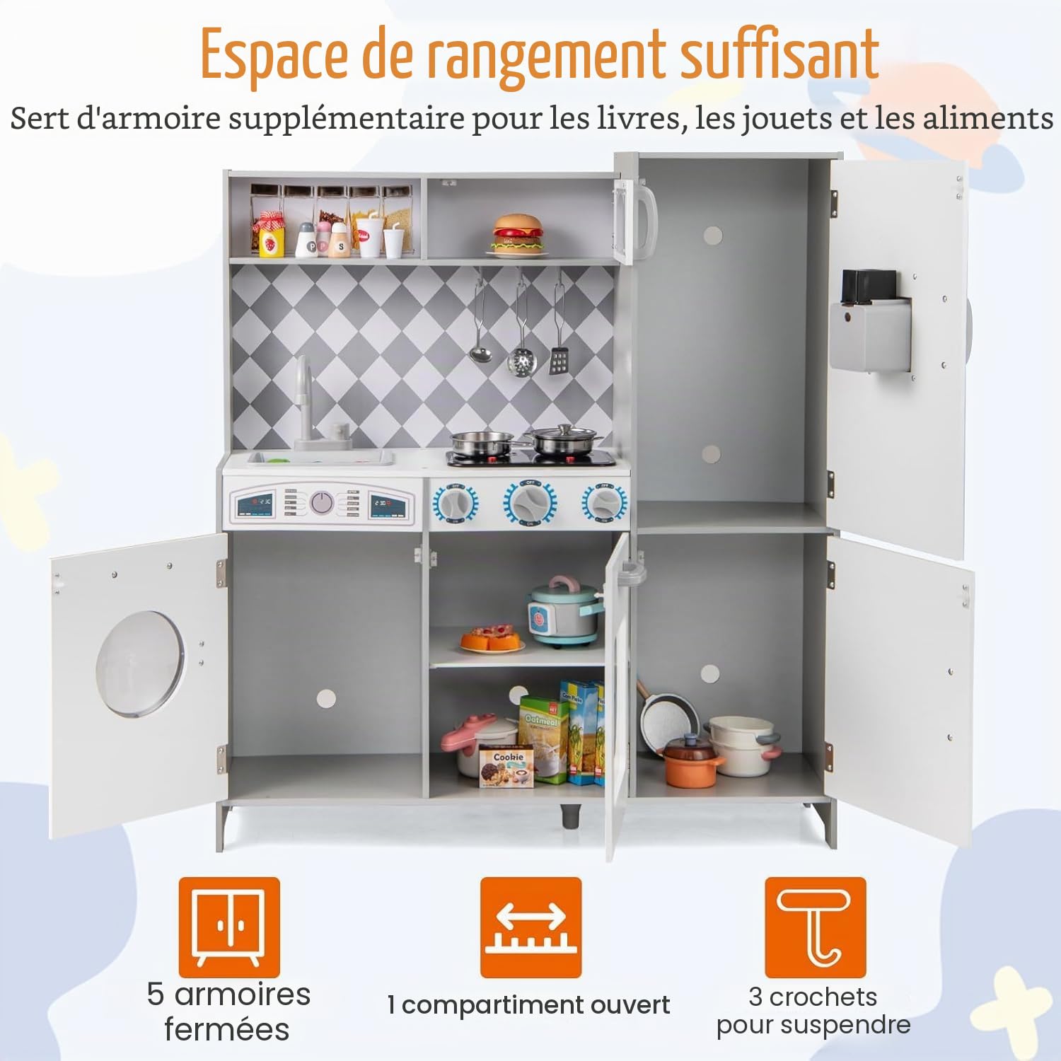 FANTASK Cuisine en Bois pour Enfants à partir de 3 Ans, Cuisine en Bois avec lumière et Son, Cuisine de Jeu avec cuisinière, Machine à Laver, Four, Micro-Ondes, ustensiles de Cuisine
