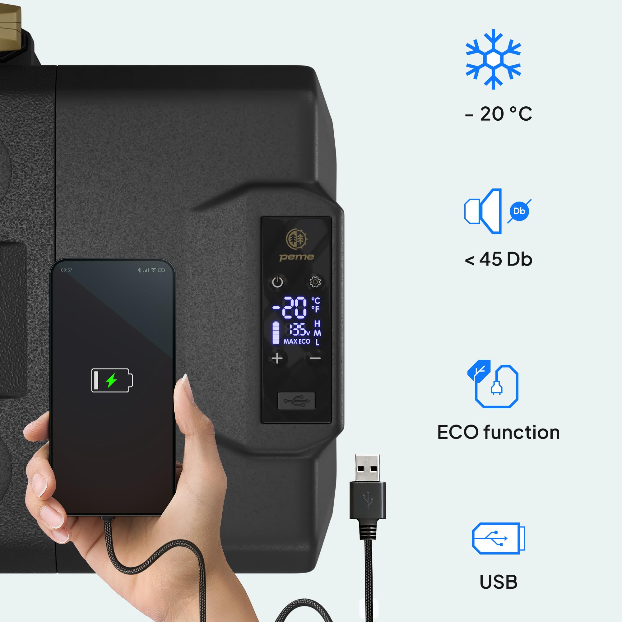 peme Expedition Elektryczna Lodówka Kompresorowa 27-39 L - Chłodziarka i Zamrażarka, Chłodzenie -20°C, Podwójne Zasilanie 12V/24V & 230V, Aplikacja Bluetooth, Tryb Eco, do Samochodu, Kempingu