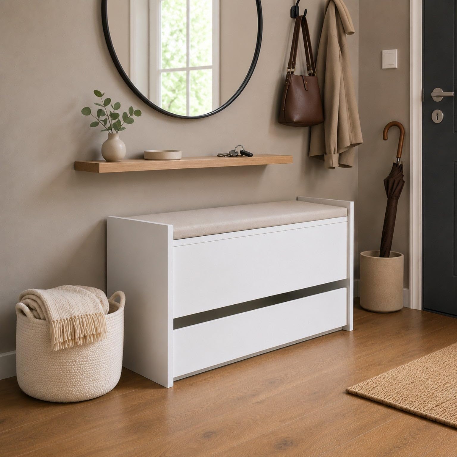 The White Stone Cassapanca Contenitore Bianca con Cassetto Inferiore e Vano Interno | Panca Ingresso Salvaspazio con Chiusura Soft Close | Baule Multiuso 90x40x46 cm