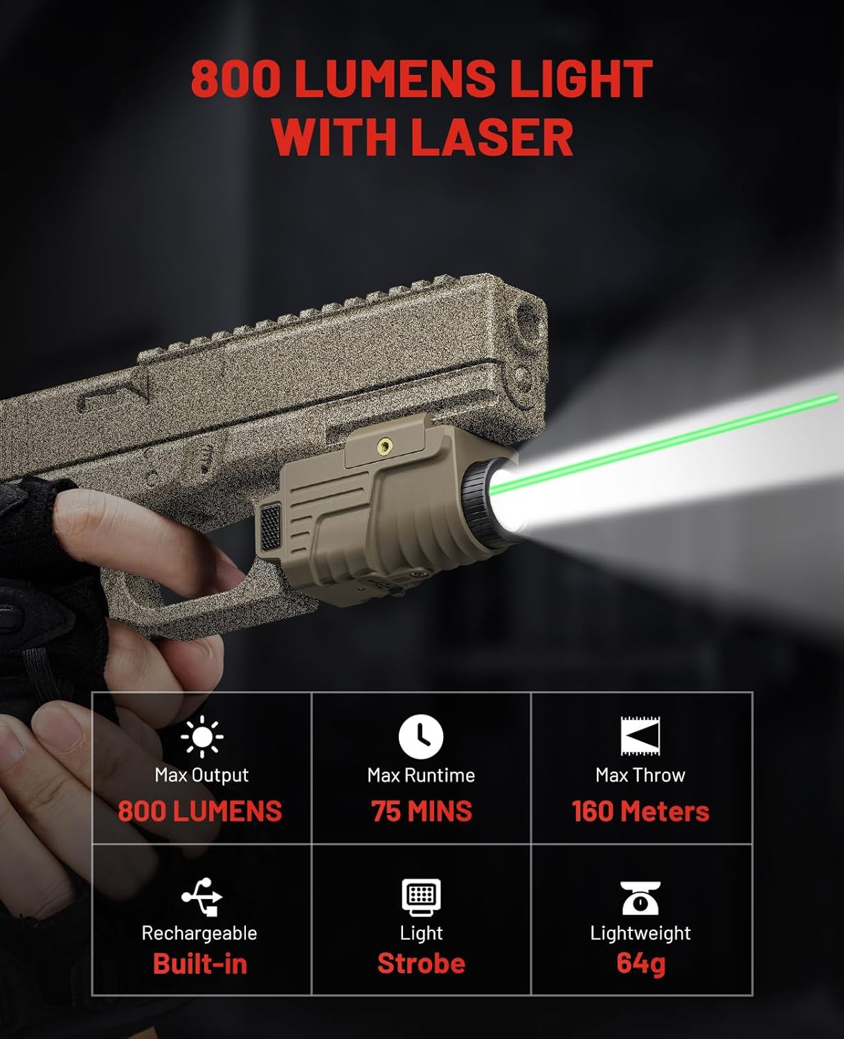 EZshoot 800 Lumens Pistol Light Laser Combo Rechargeable, Pistol Flashlight with Slidable Rail Compatible with Glock and Picatinny Rail, Gun Light with Green Laser Beam, Desert Tan