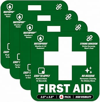 Spy Spot Green First Aid Stickers (4-Pack) 3.5" x 3.5" Self-Adhesive Emergency Kit Labels, Water Resistant UV-Resistant Vinyl Decals for First Aid Boxes, Cabinets, Vehicles, Workplace & Home Safety