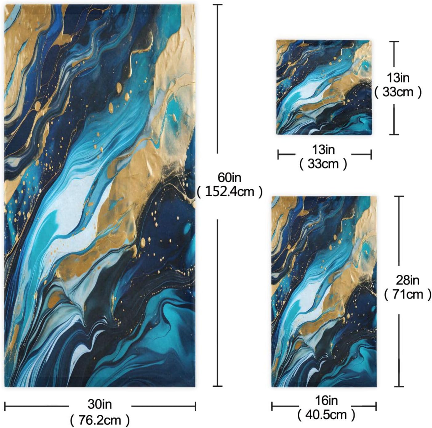 ALAZA Blue Gold Marble Bath Towel Set Luxury Decorative Set of 3, 1 Bath Towel 1 Hand Towel 1 Washcloth Soft Multipurpose for for Bathroom Hotel Gym Yoga Spa