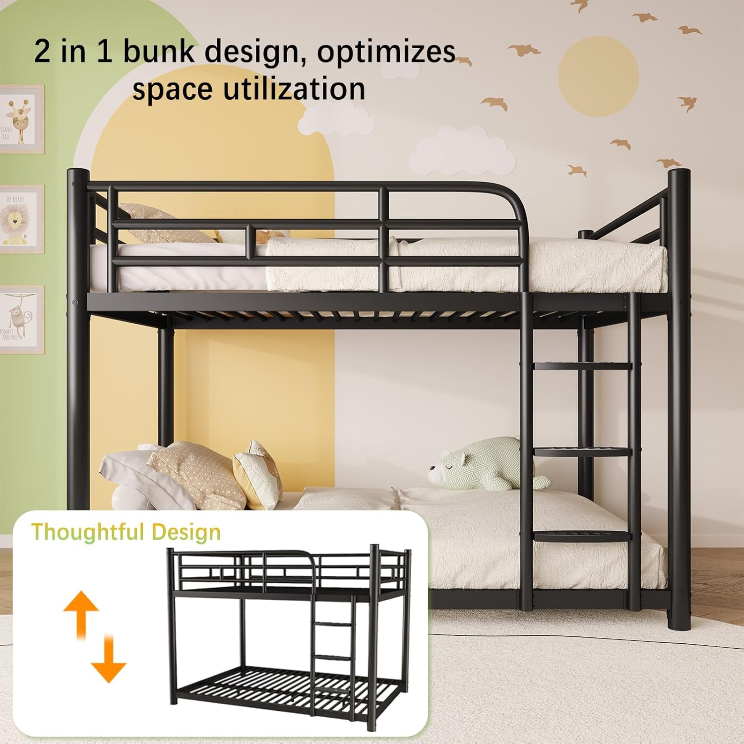 erosoei Metal Bunk Bed, Full Over Full Bunk Beds with Removable Wide Ladder and Full-Length Guardrails, Low Bunk Bed Frame with Mute Design for Undisturbed Sleep for Adults, Kids and Young Teens