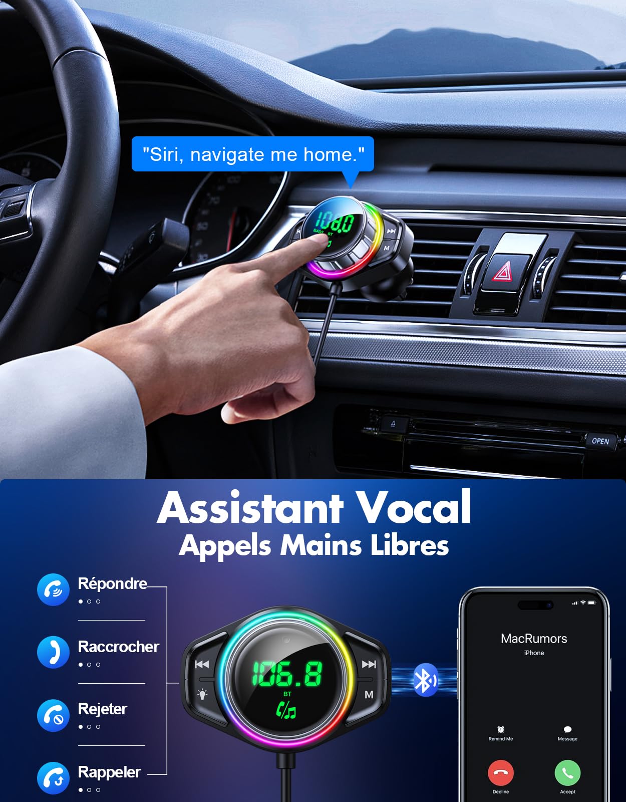 ISEYOU Transmetteur FM Bluetooth 5.3, 【Basse & HiFi Musique】 Adaptateur Bluetooth Voiture, 【30W PD & 18W QC】 Allume Cigare Chargeur Rapide, Appels Mains Libres, Anneau Lumineux Coloré RGB
