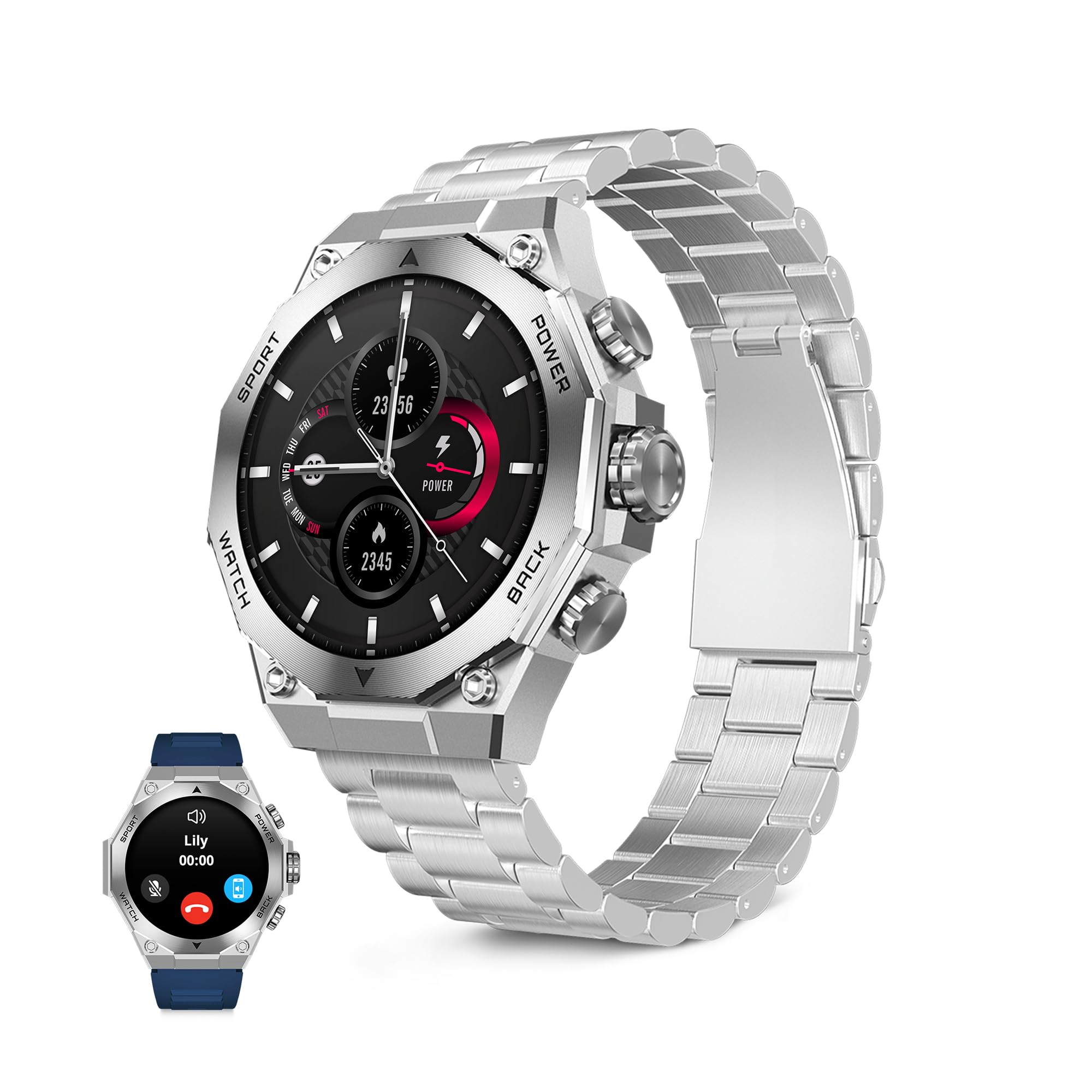 KSIX Smartwatch Titanium Go - Reloj Inteligente Hombre Pantalla AMOLED 1.43", Diseño Cronógrafo, Llamadas, IP67, Compatible con iPhone® y Android®, 2 Correas Acero Plateada y Silicona Azul