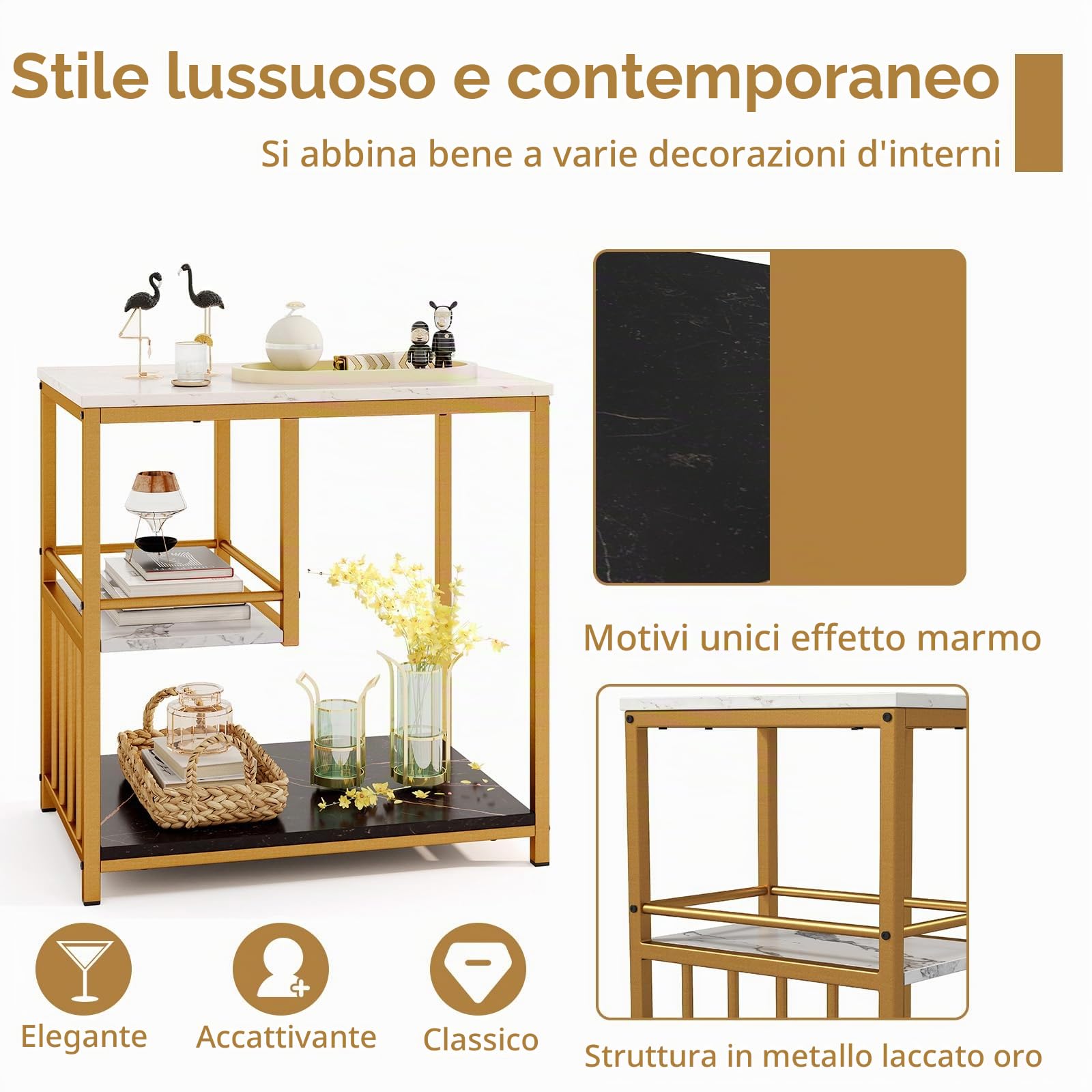 LIFEZEAL Tavolino Laterale da Divano a 3 Ripiani, Effetto di Marmo, Oro+Bianco, Tavolino Lato da Salotto Piccolo, Tavolino da Caffè, Decorativo, Moderno, Salvaspazio, Soggiono, Max 80kg, 60x40x60,5 cm