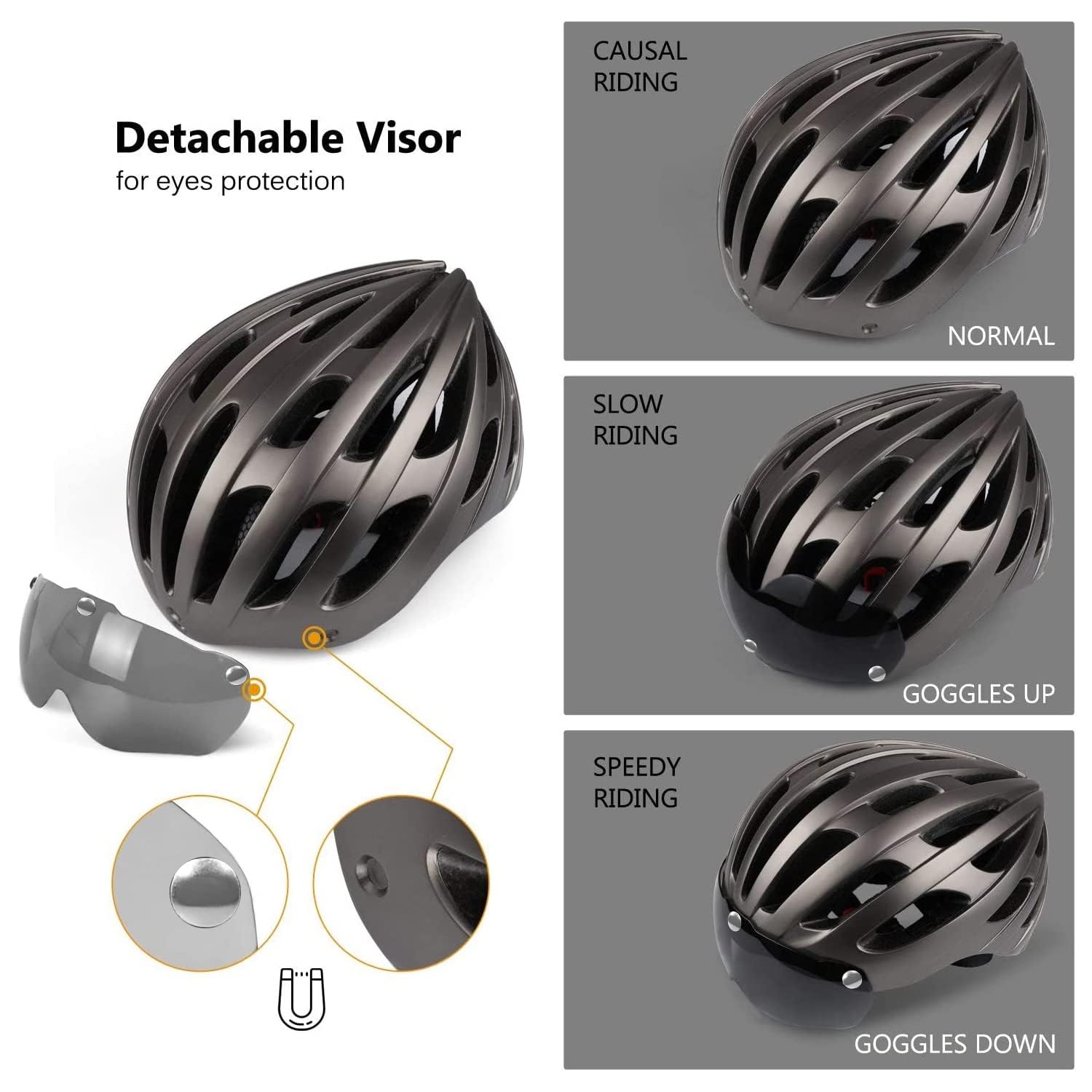 Shinmax Kask Rowerowy Mężczyźni Kobiety, MTB z USB Magnetyczne światło ochronne UV Wizjer Naklejka Jasna, Unisex Regulowany Kask rowerowy na deskorolkę Certyfikat CE 57-62 CM (RC-049)
