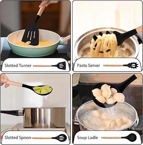 Miniatura 4 de P&P CHEF Juego de utensilios de cocina de silicona, utensilios de cocina de 8 piezas con mango de madera, espátula de silicona para utensilios de