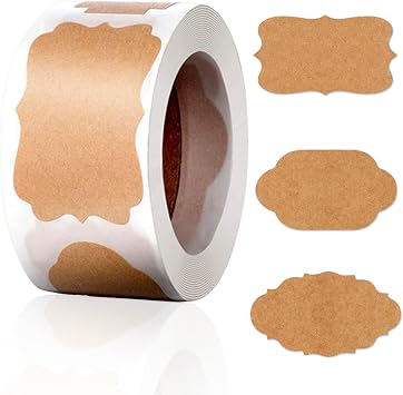 300Pcs 2" x 1.2" Gift Tags Name Label Stickers, Blank Kraft Stickers with 3 Styles, Self-Adhesive Labels for Mason Jars Food Containers Bottles Envelopes Gift Bags