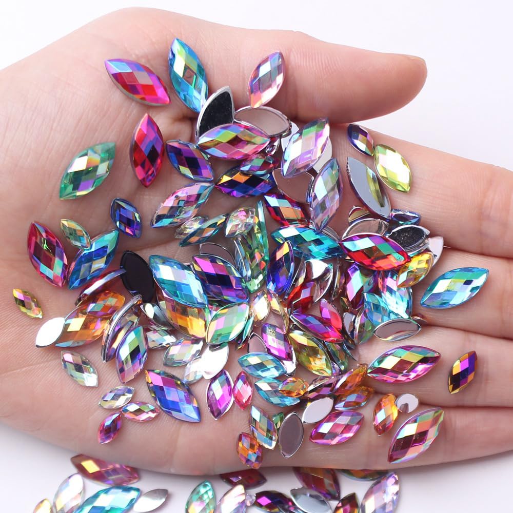 Diamantes de imitación coloridos con parte trasera plana, 900 tamaños mixtos (8 mm, 10 mm, 12 mm, 15 mm, 5 mm, 6 mm) – Ojo de caballo y formas redondas – Material de resina – Perfecto para