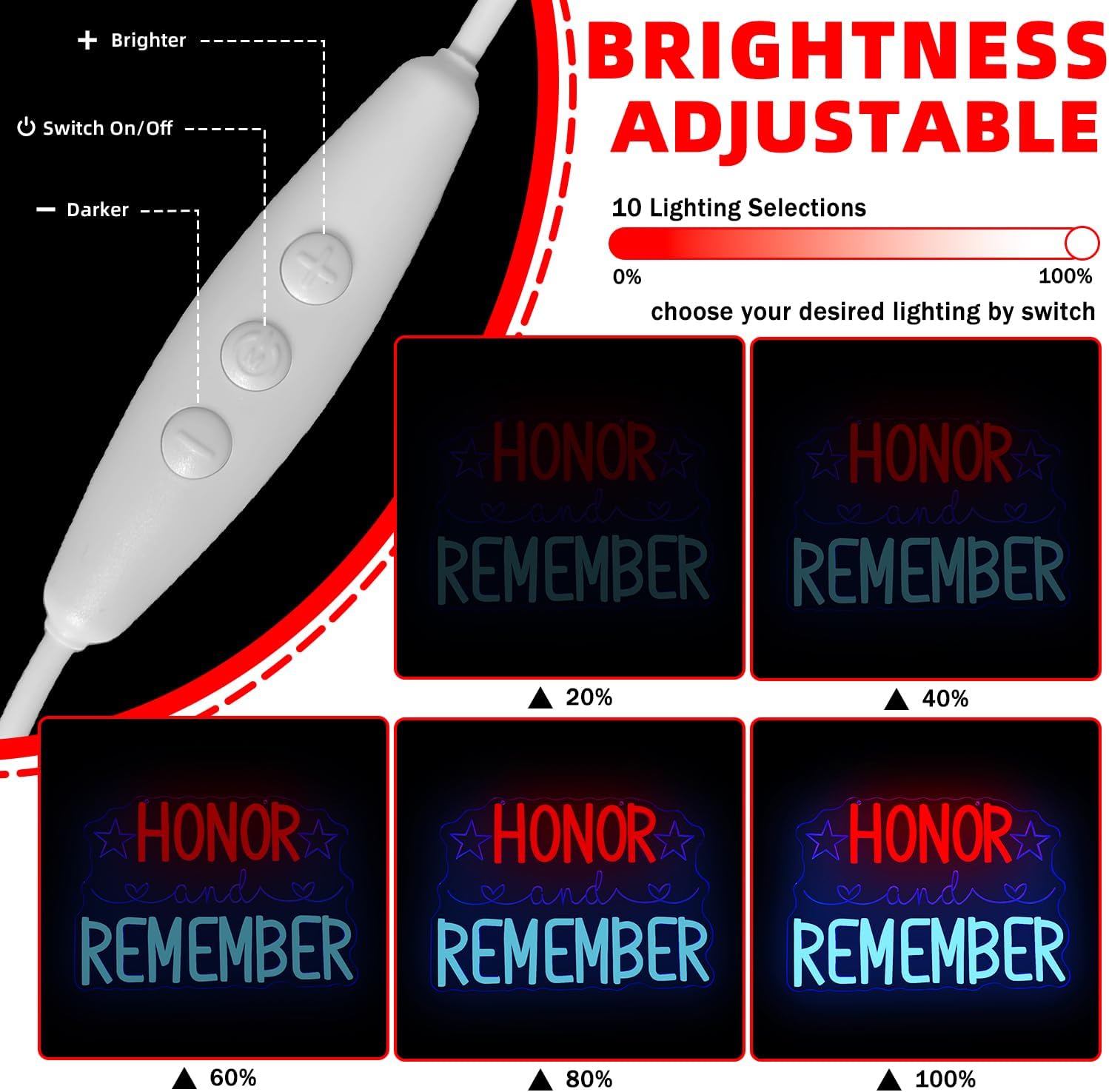 Memorial Day Neon Sign for Wall Decor Remember And Honor Led Sign Memorial Day Decoration Patriotic Independence Day Neon Light Up Sign for Thank You Veterans Party Decoration 4th Of July Home Office