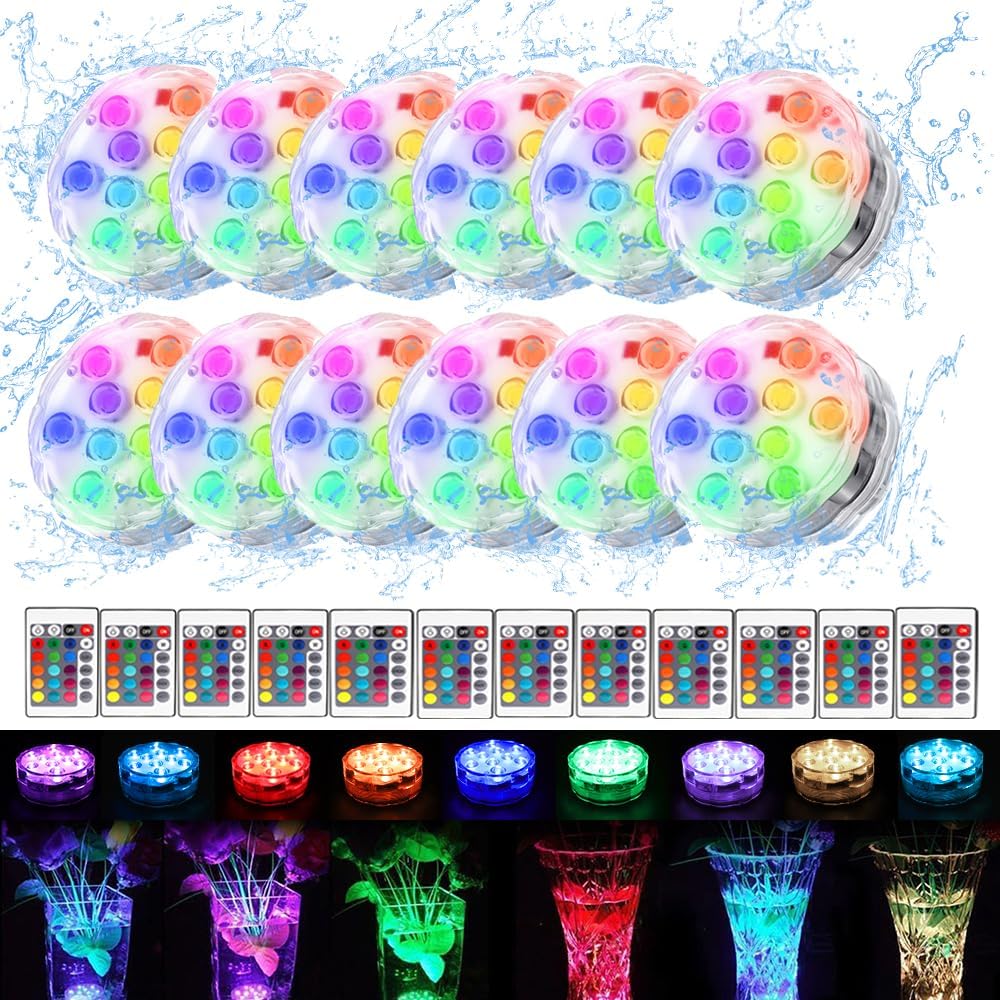 12 Pack Submersible Led Lights with Remotes, 16 Colors Changing Shower Lights Battery Operated, Led Puck Lights Jack o Lantern for for Founttain, Pond, Garden, Wedding, Shower