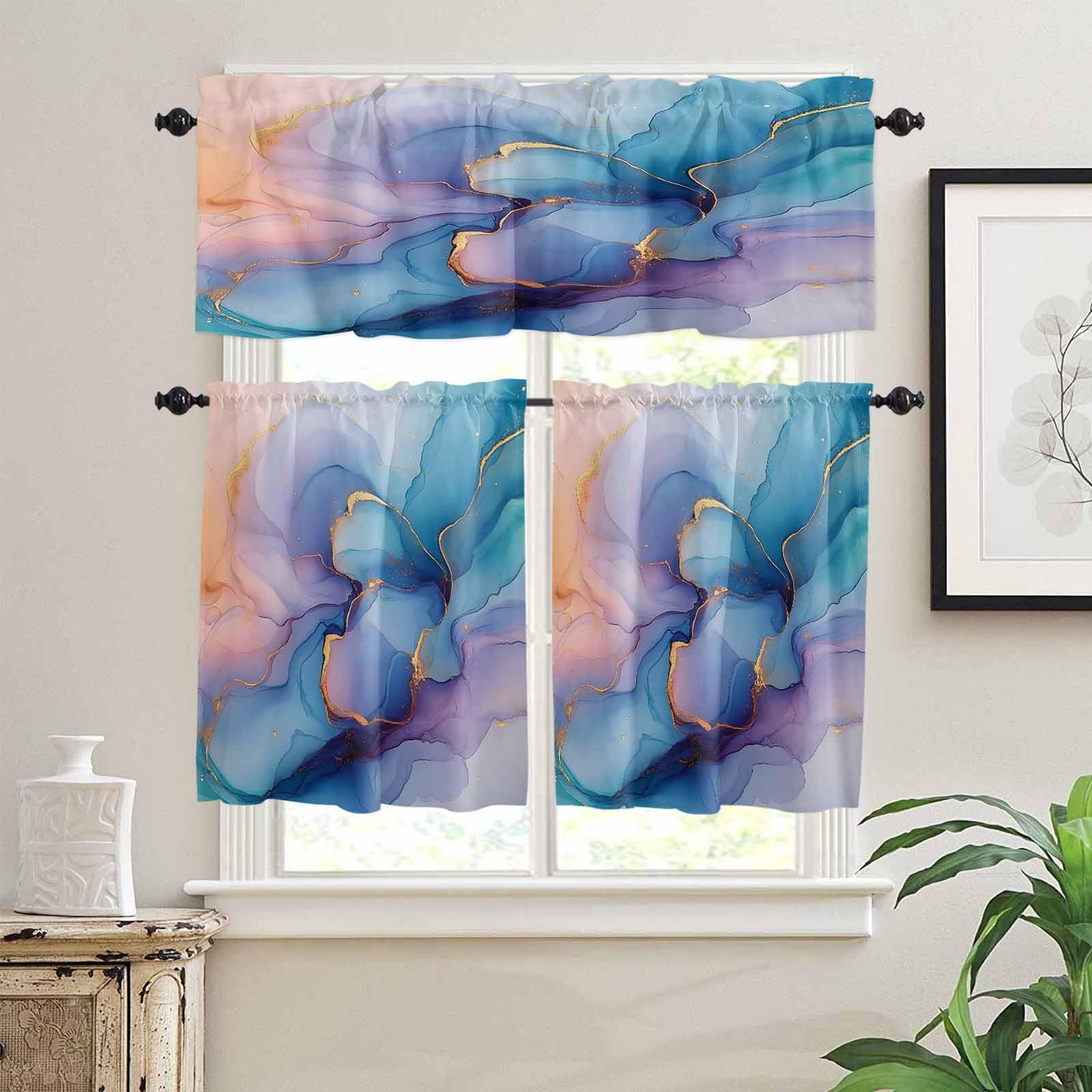 Blue Purple Marble Kitchen Curtains 24 Inch Length, 3 Piece Rod Pocket Small Half Tiers and Valance Set, Modern Teal Gold Geometric Small Large Window Treatment Decor for Bedroom/Bathroom Sink
