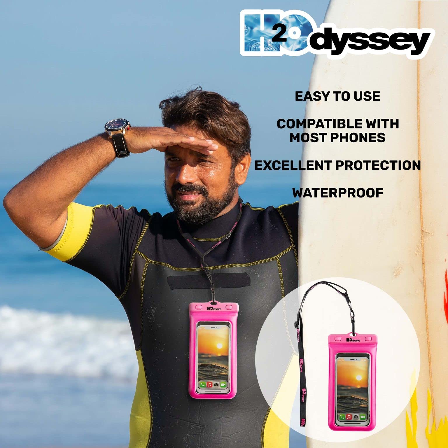 H2Odyssey Funda impermeable para teléfono y cordón, excelente protección impermeable, flota en el agua (6.5 pulgadas de alto x 3.25 pulgadas de ancho x 0.5 pulgadas de grosor, morado)